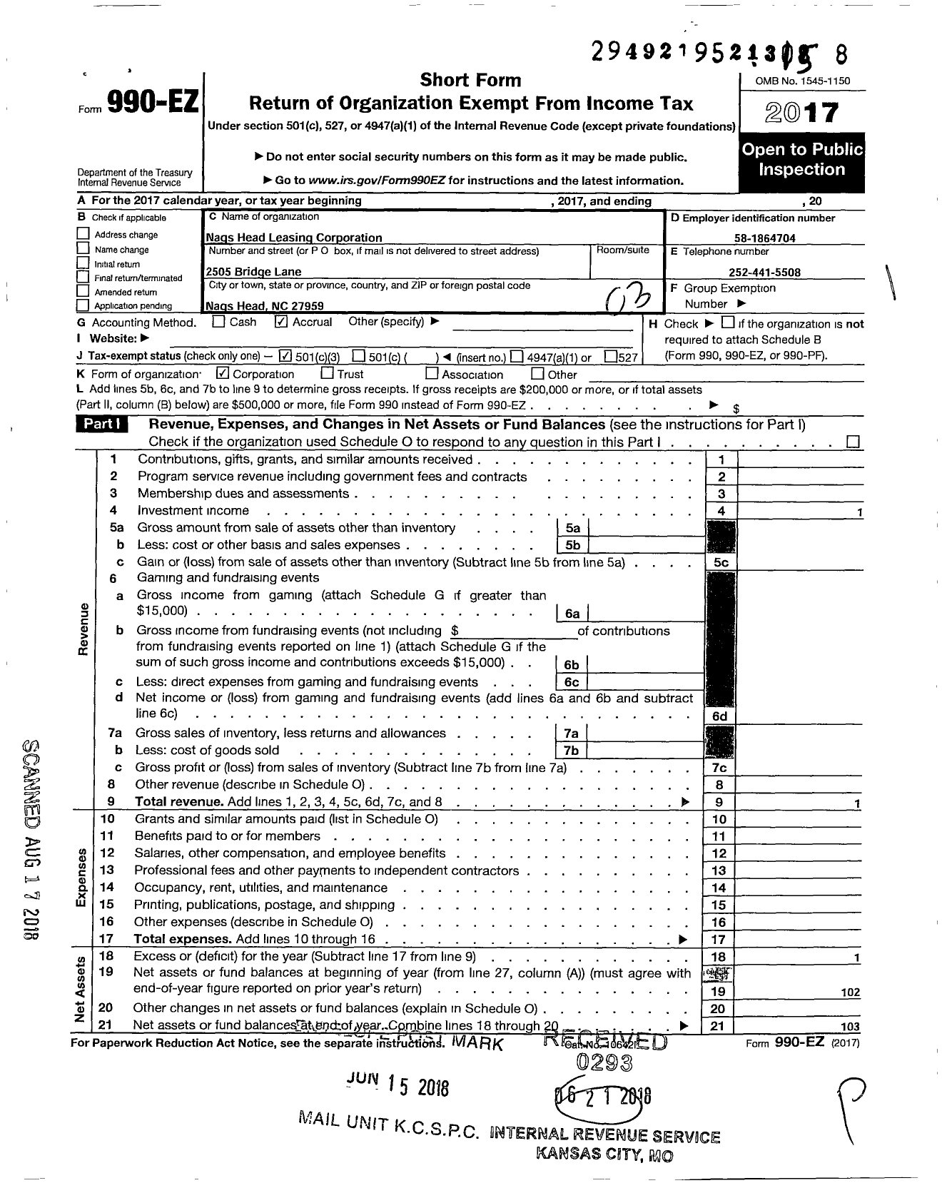 Image of first page of 2017 Form 990EZ for Nags Head Leasing Corporation