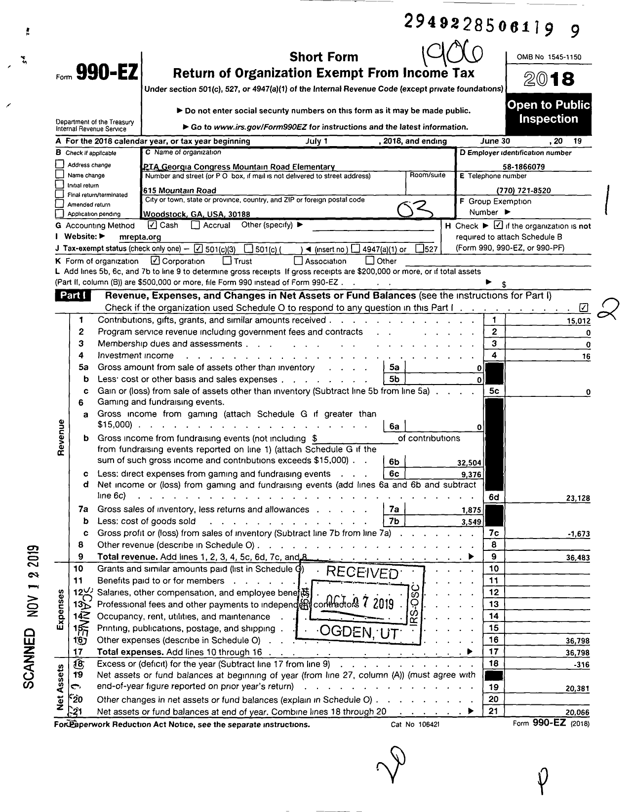 Image of first page of 2018 Form 990EZ for Georgia PTA - Mountain Road Es PTA