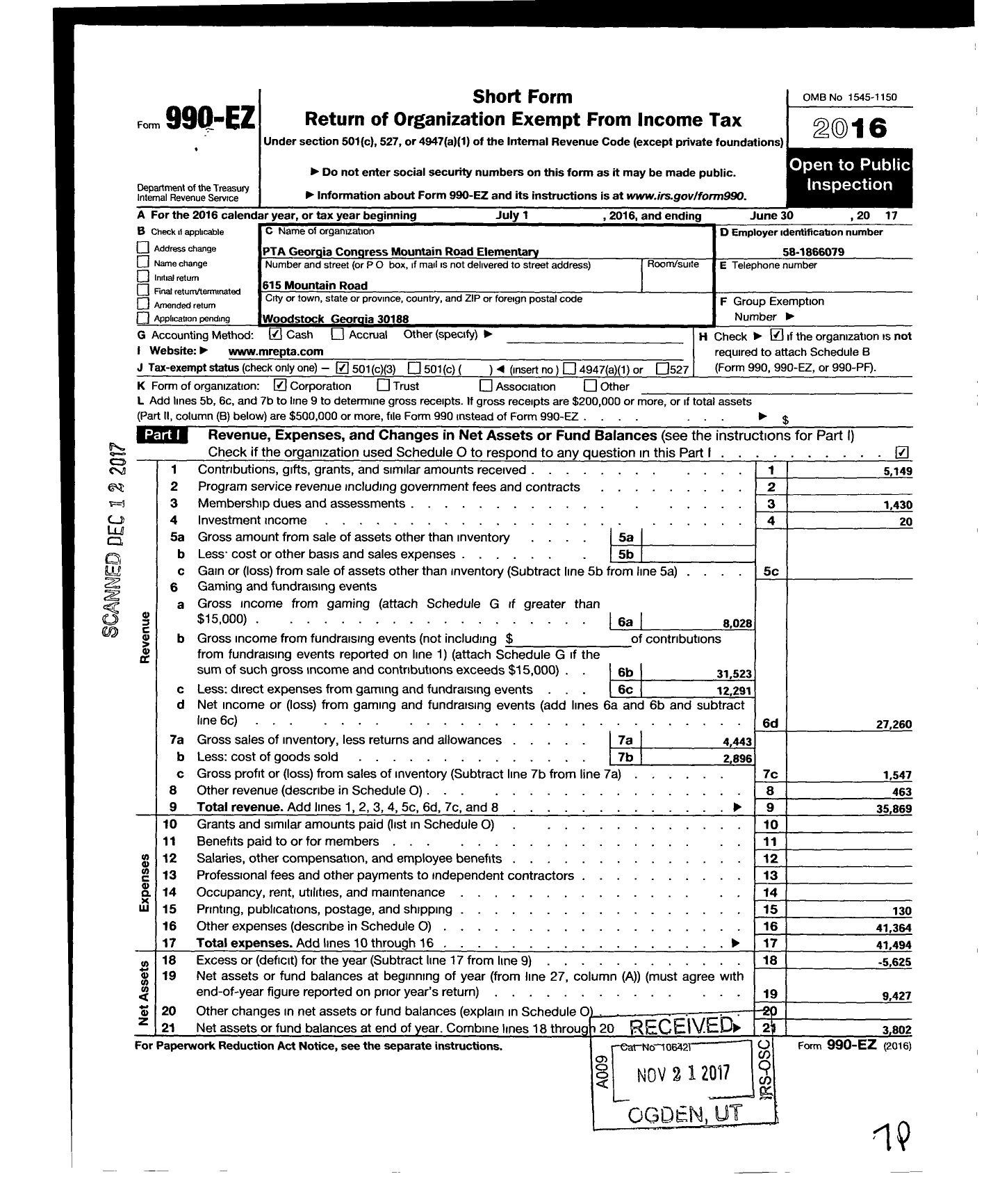 Image of first page of 2016 Form 990EZ for Georgia PTA - Mountain Road Es PTA