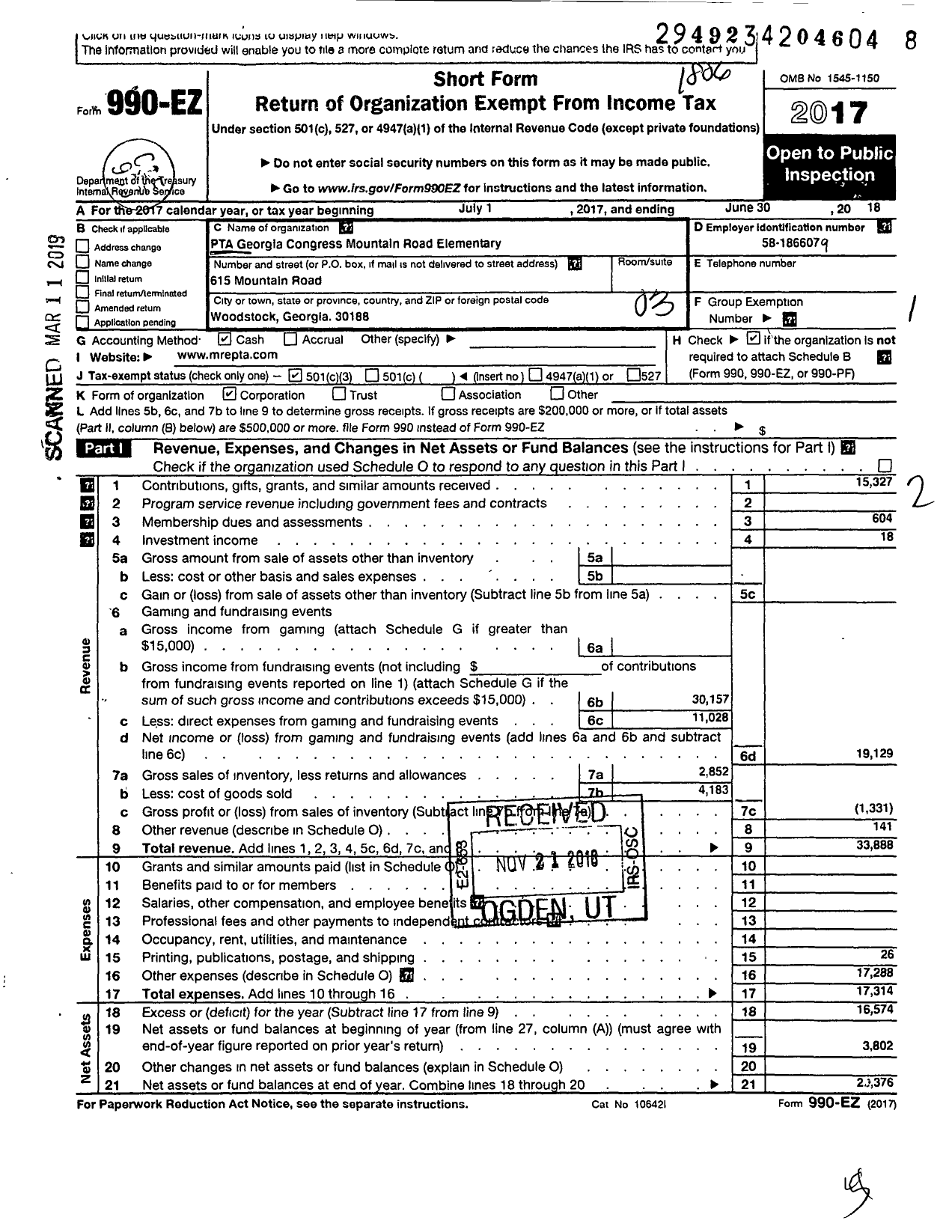 Image of first page of 2017 Form 990EZ for Georgia PTA - Mountain Road Es PTA