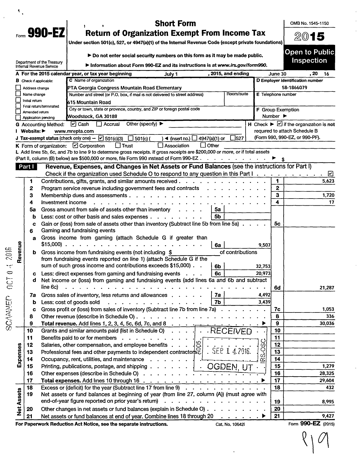 Image of first page of 2015 Form 990EZ for Georgia PTA - Mountain Road Es PTA