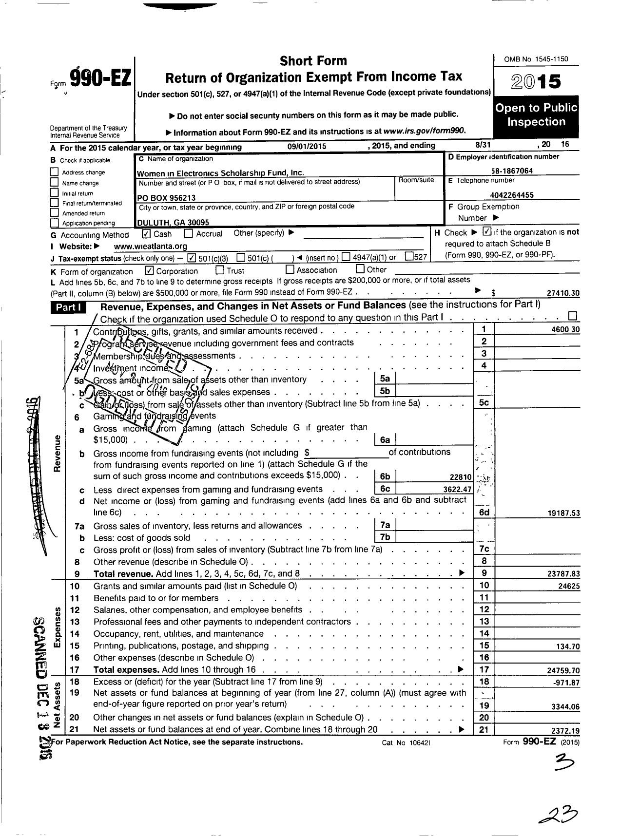 Image of first page of 2015 Form 990EZ for Women in Electronics Scholarship Fund