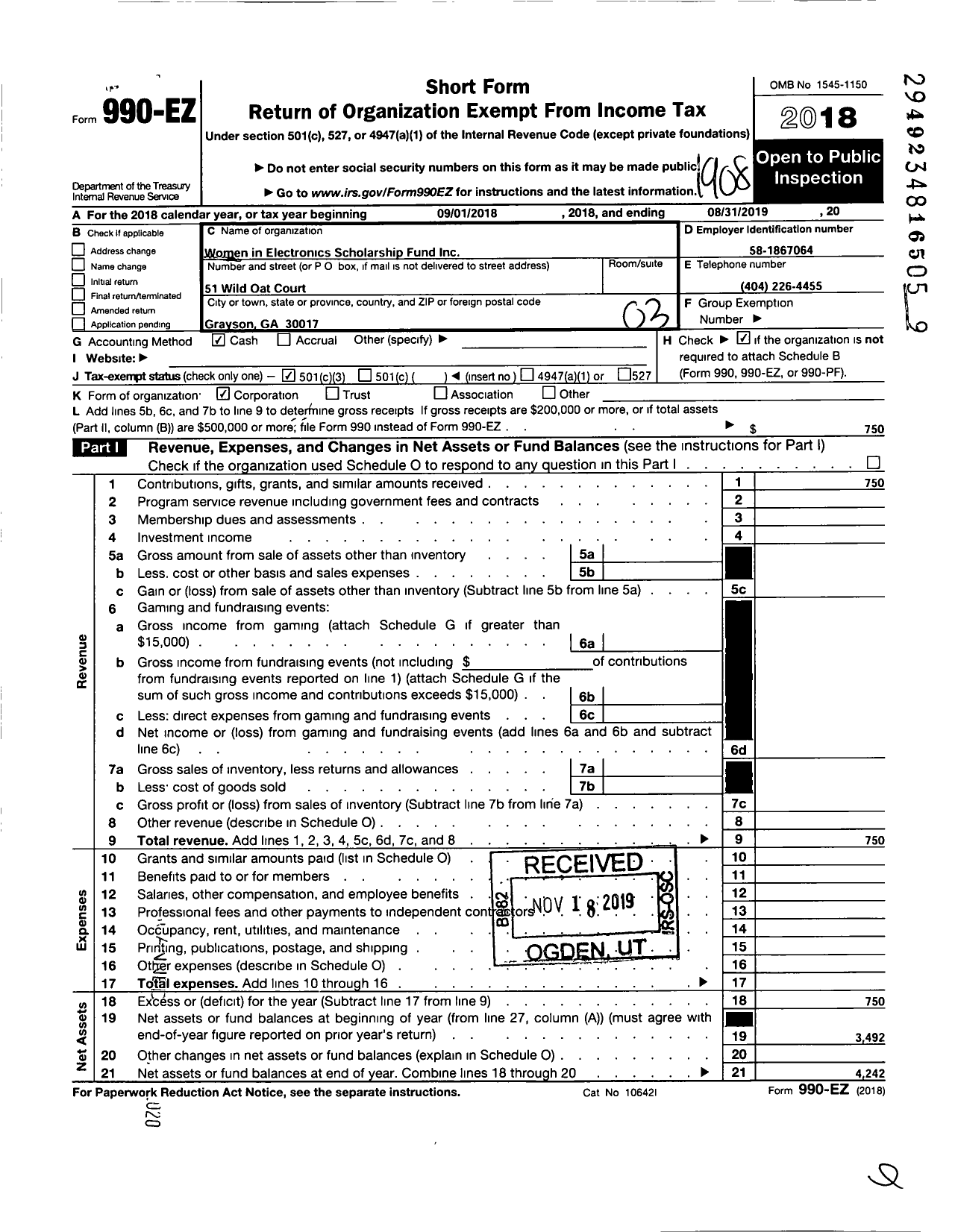 Image of first page of 2018 Form 990EZ for Women in Electronics Scholarship Fund