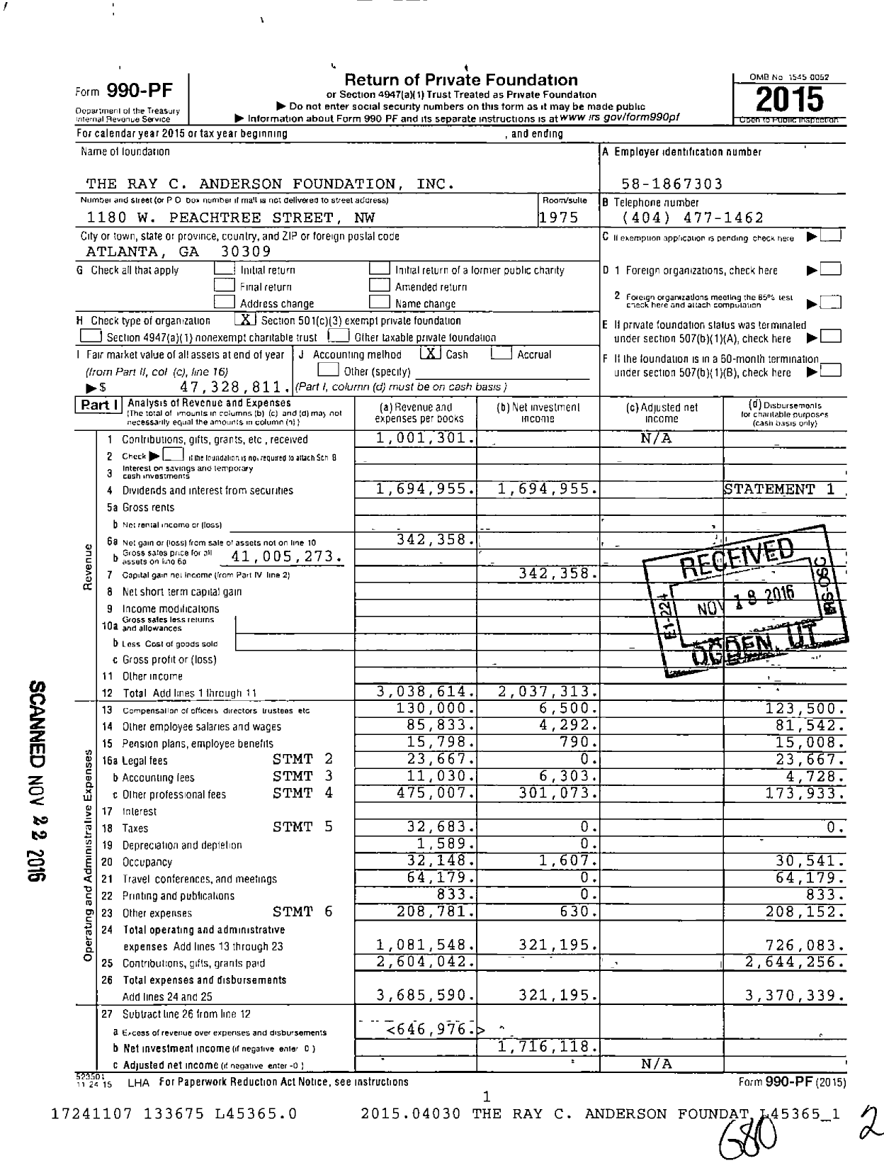 Image of first page of 2015 Form 990PF for The Ray C Anderson Foundation