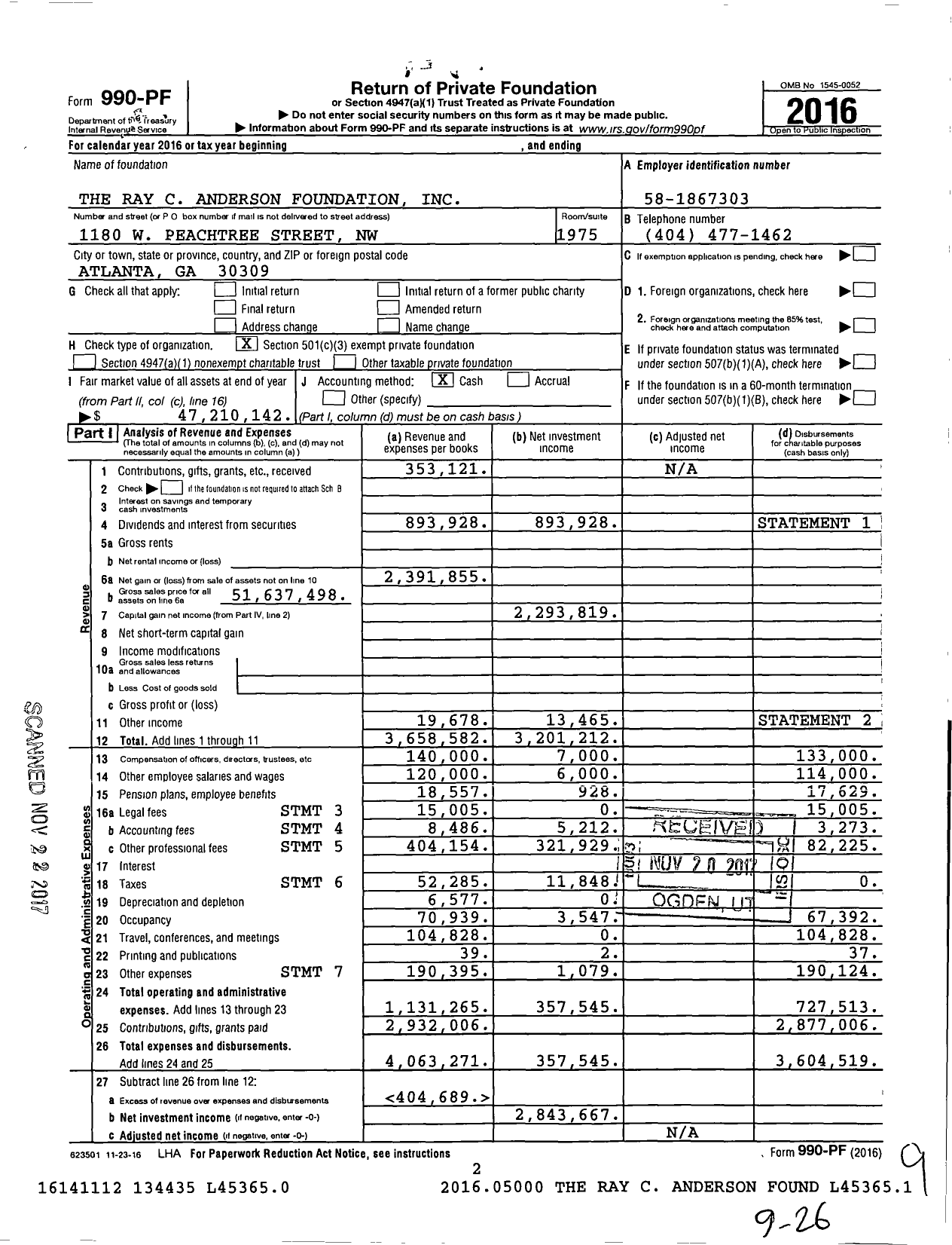 Image of first page of 2016 Form 990PF for The Ray C Anderson Foundation