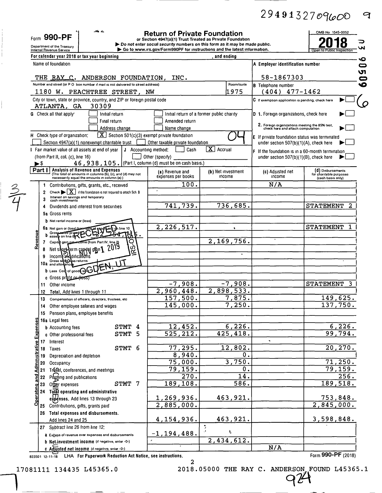 Image of first page of 2018 Form 990PF for The Ray C Anderson Foundation