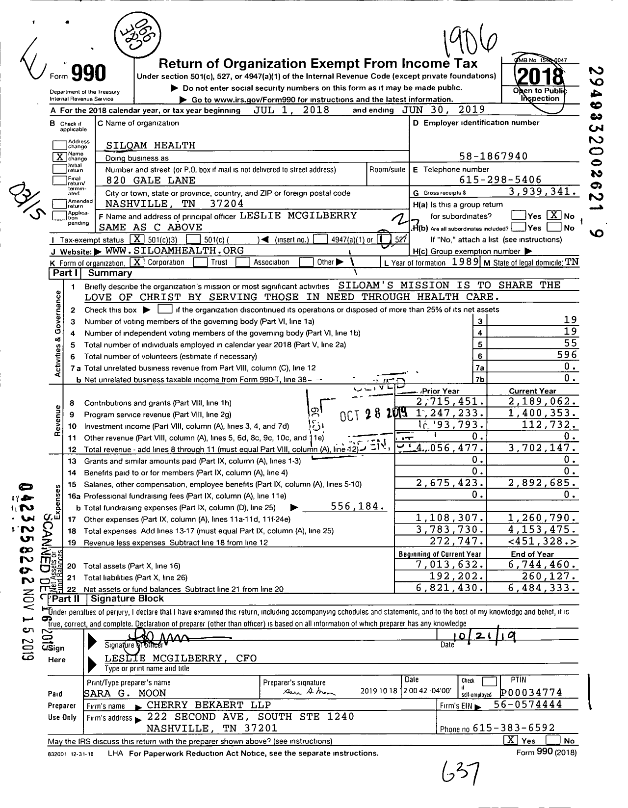 Image of first page of 2018 Form 990 for Siloam Health