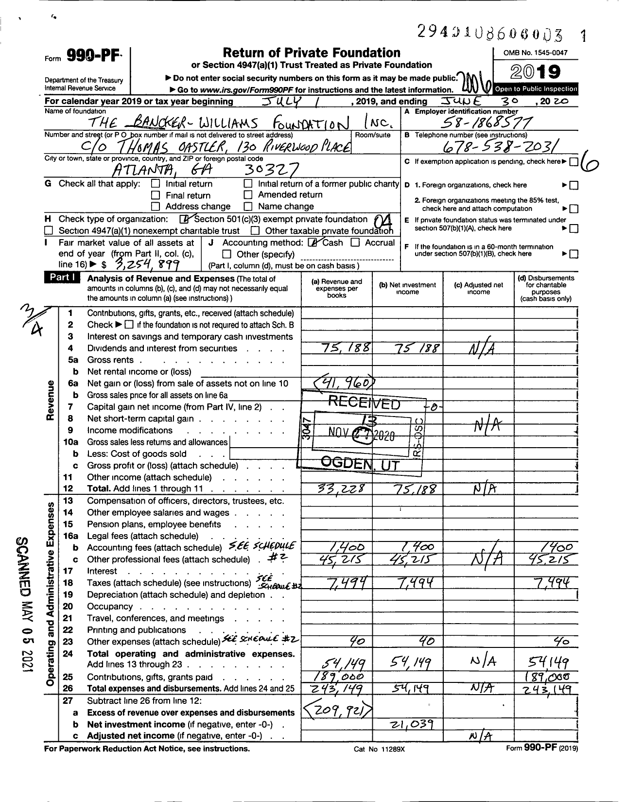 Image of first page of 2019 Form 990PF for The Bancker Williams Foundation