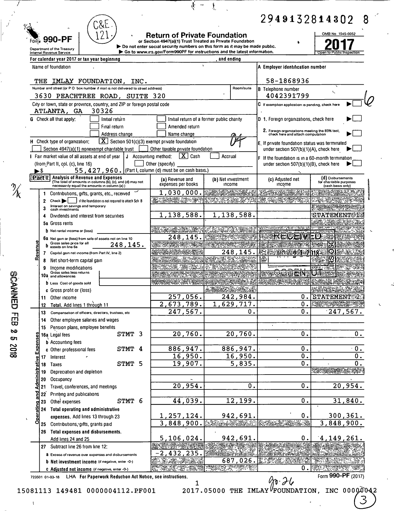 Image of first page of 2017 Form 990PF for The Imlay Foundation