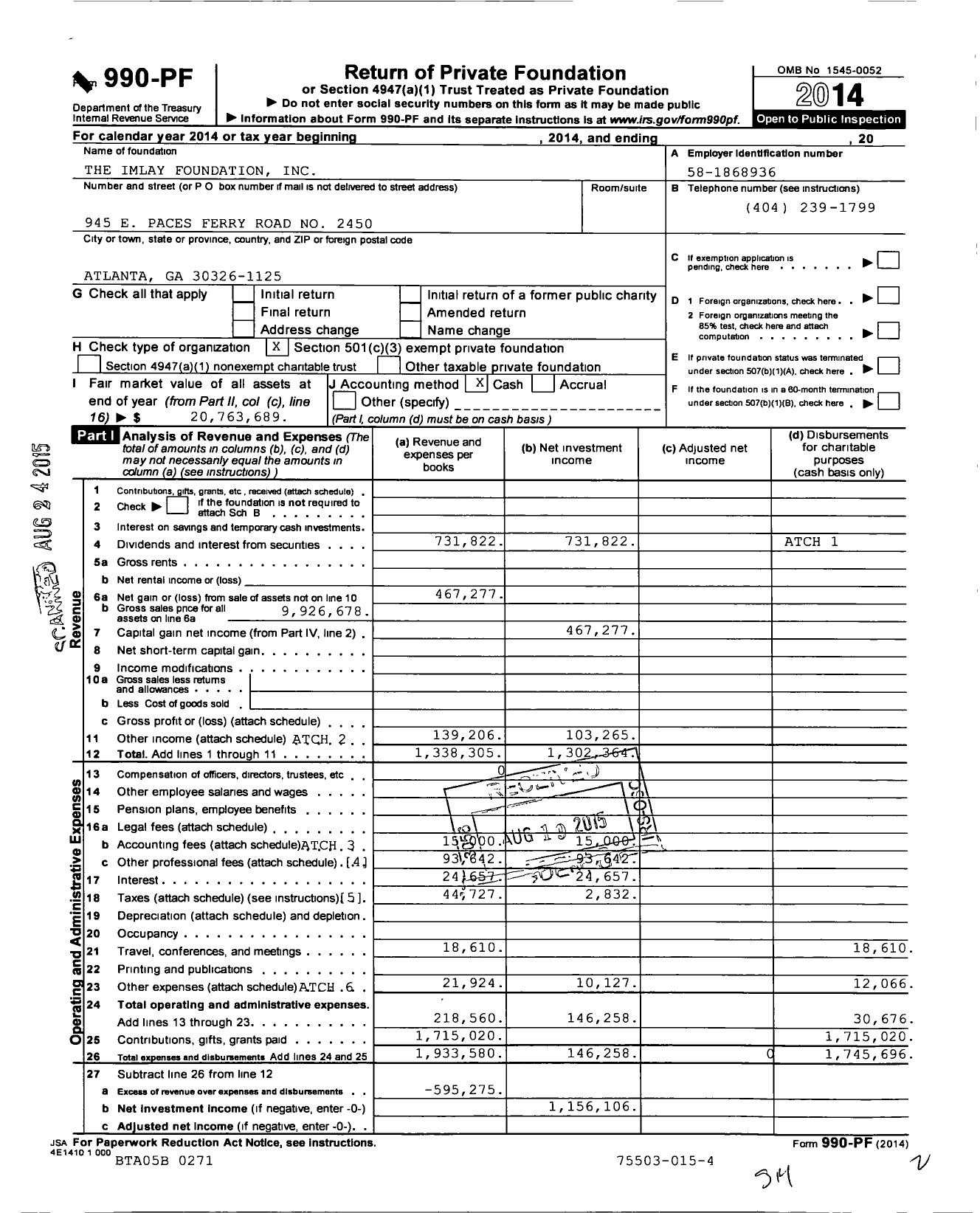 Image of first page of 2014 Form 990PF for The Imlay Foundation