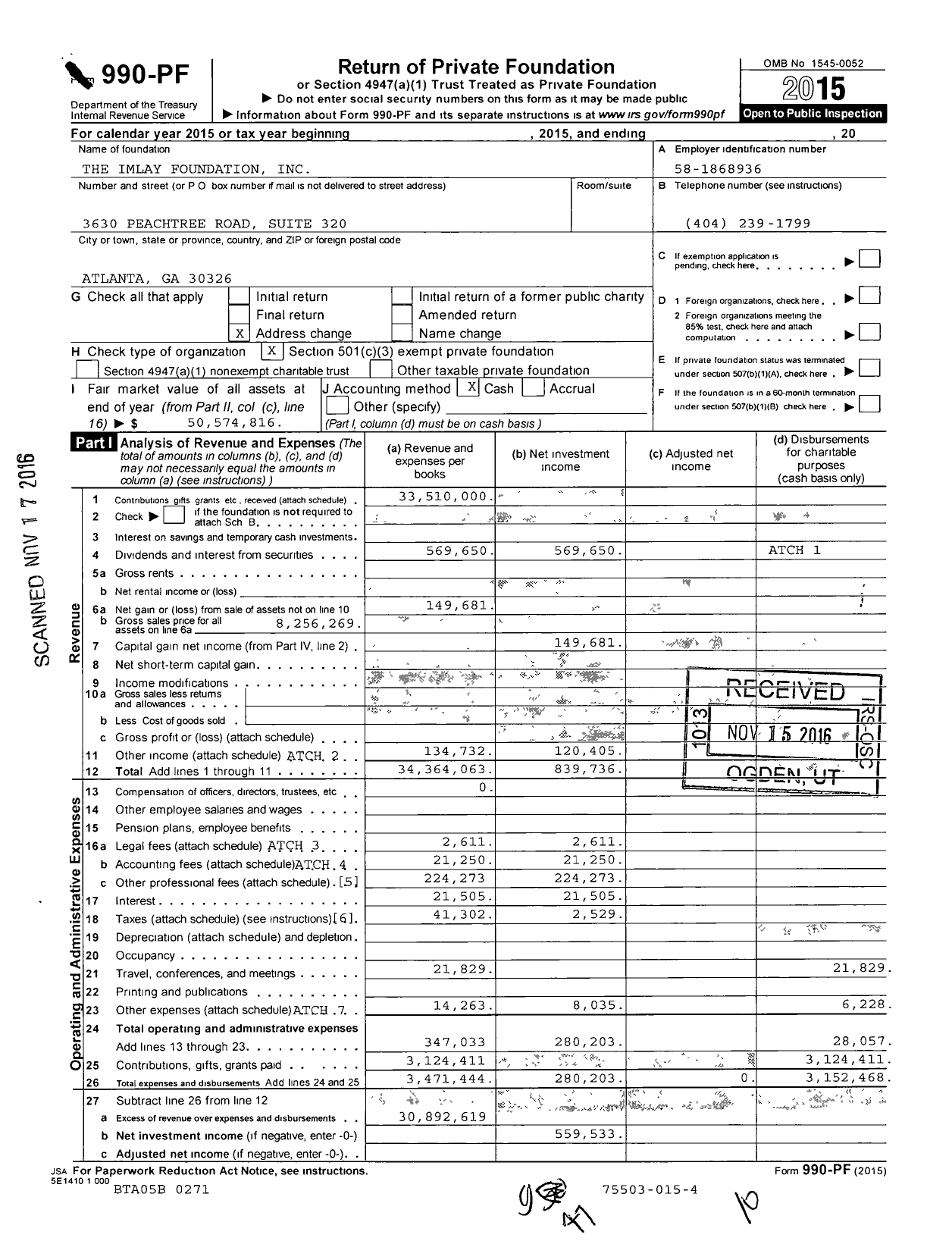 Image of first page of 2015 Form 990PF for The Imlay Foundation