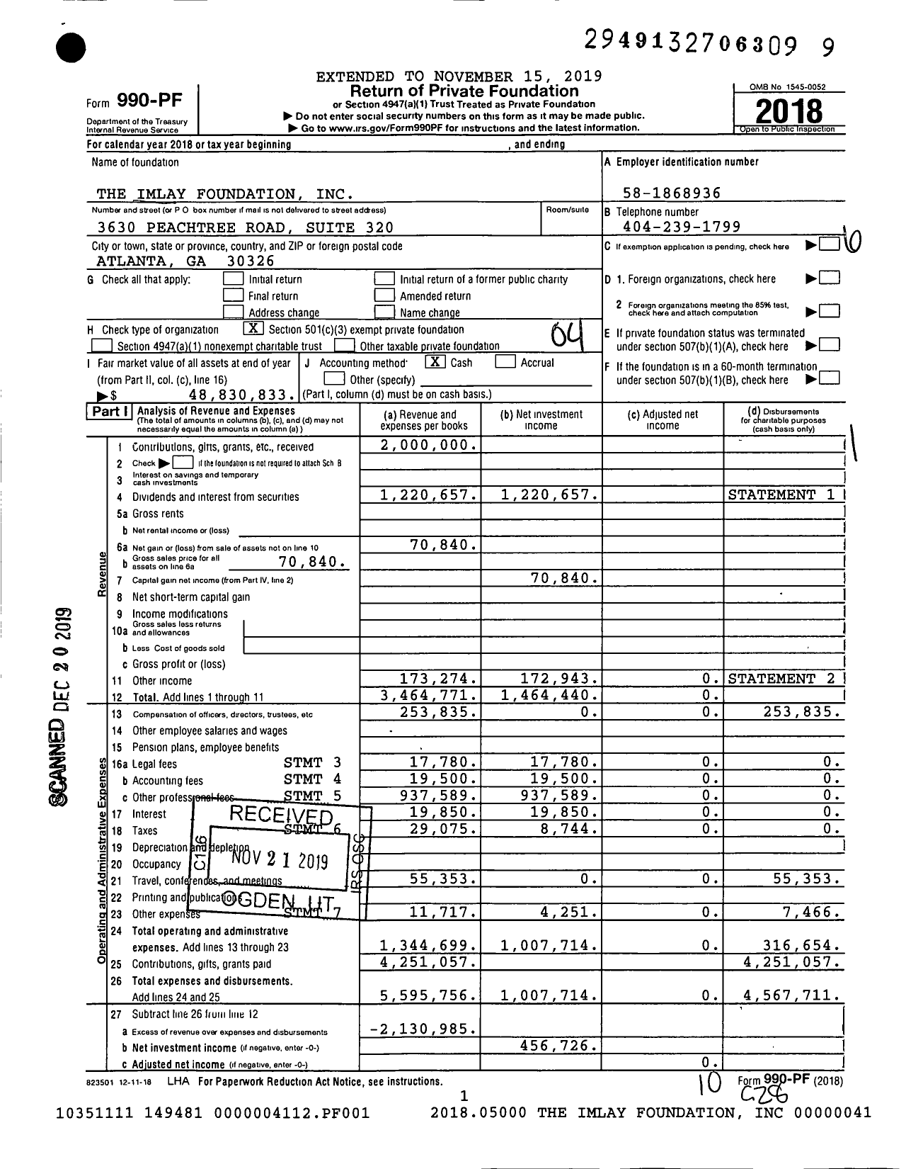 Image of first page of 2018 Form 990PF for The Imlay Foundation