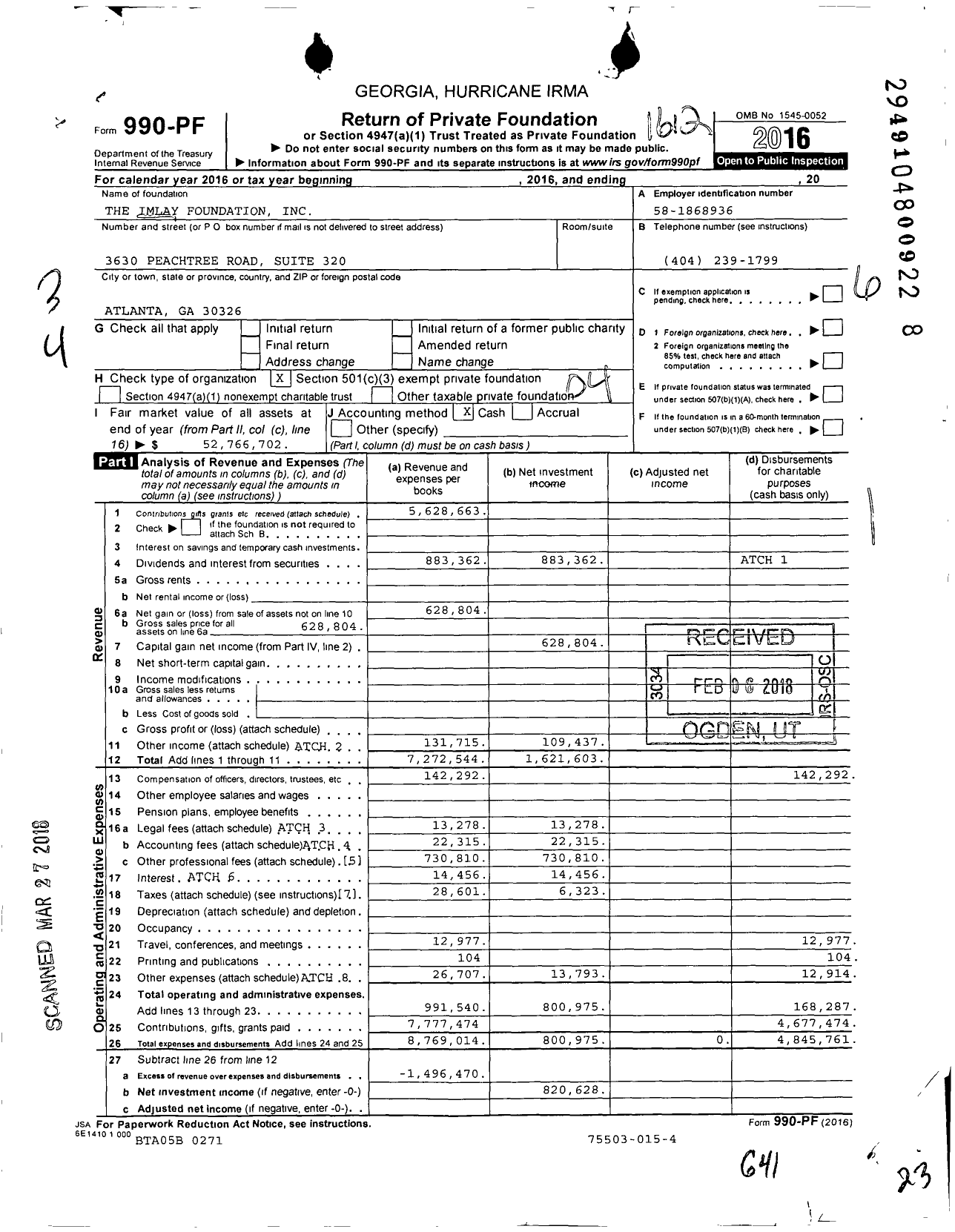 Image of first page of 2016 Form 990PF for The Imlay Foundation