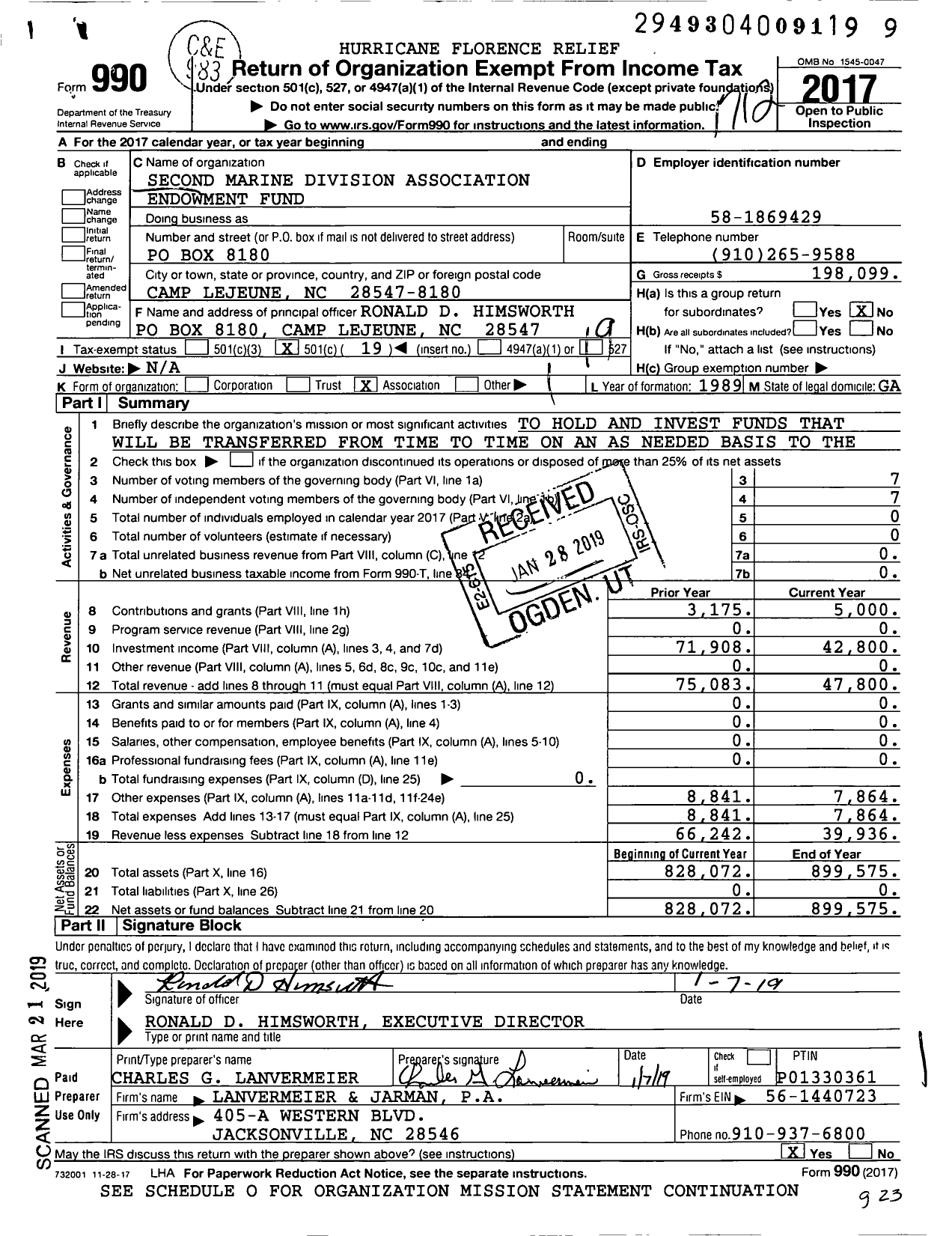 Image of first page of 2017 Form 990O for Second Marine Division Association Endowment Fund