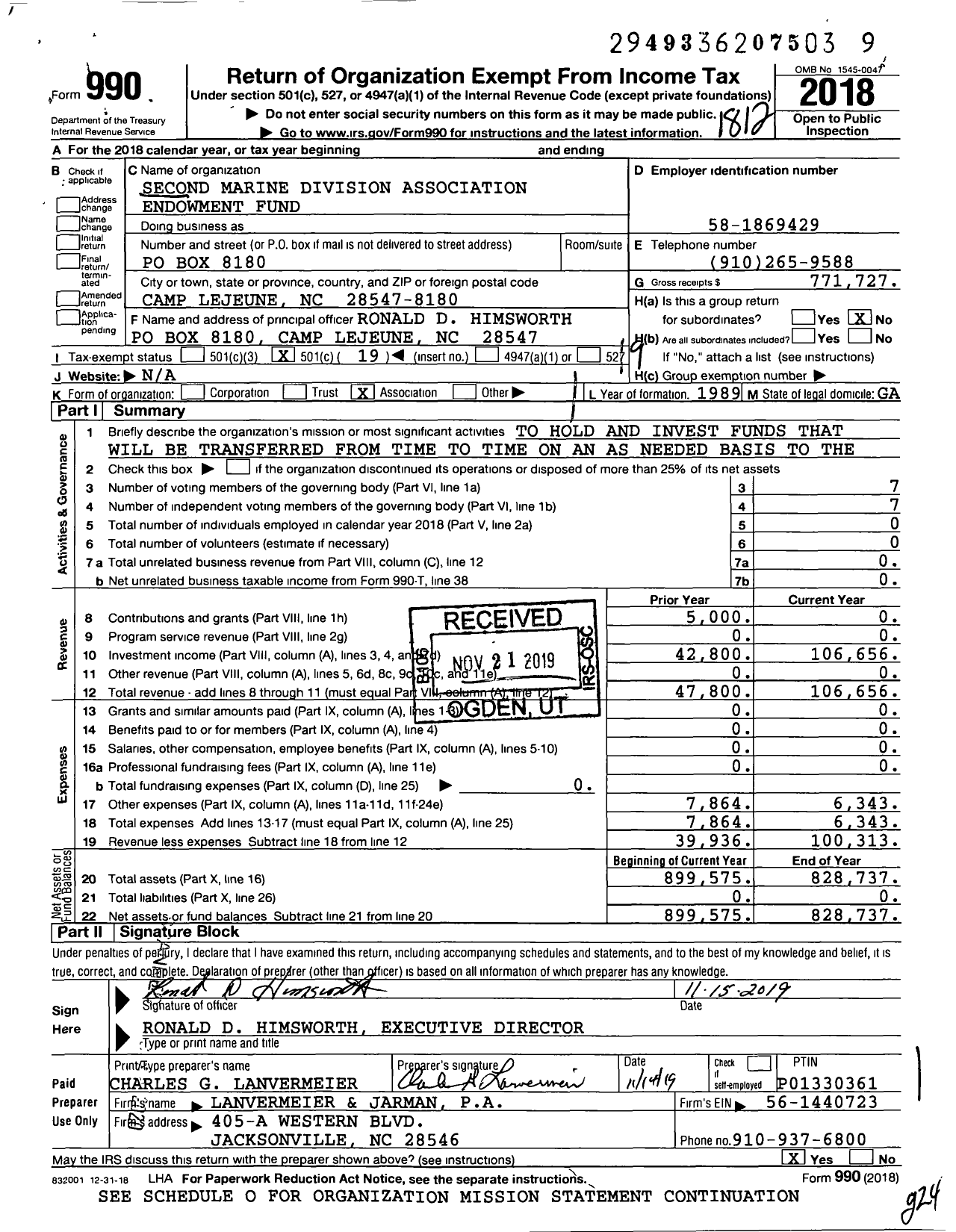 Image of first page of 2018 Form 990O for Second Marine Division Association Endowment Fund