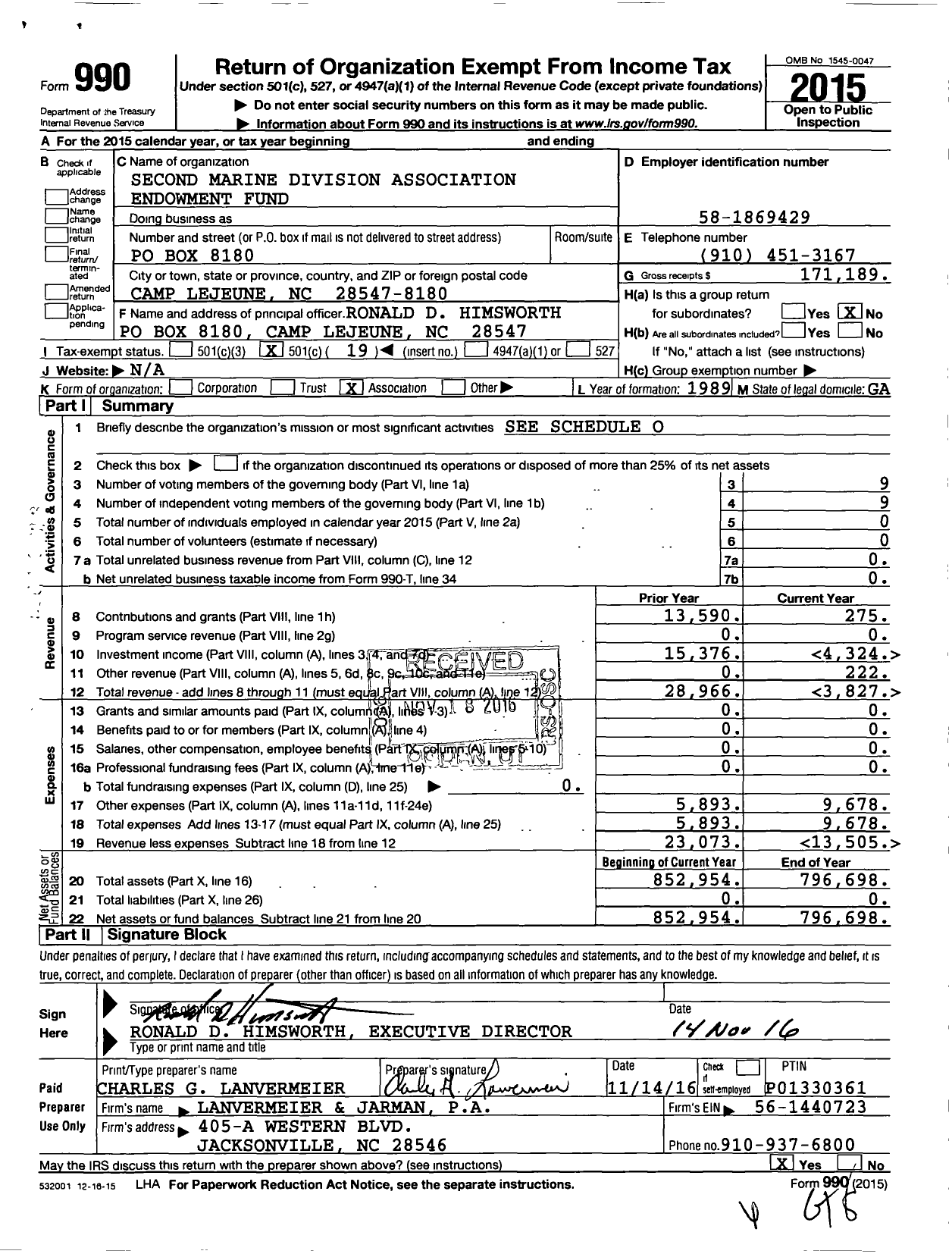 Image of first page of 2015 Form 990O for Second Marine Division Association Endowment Fund