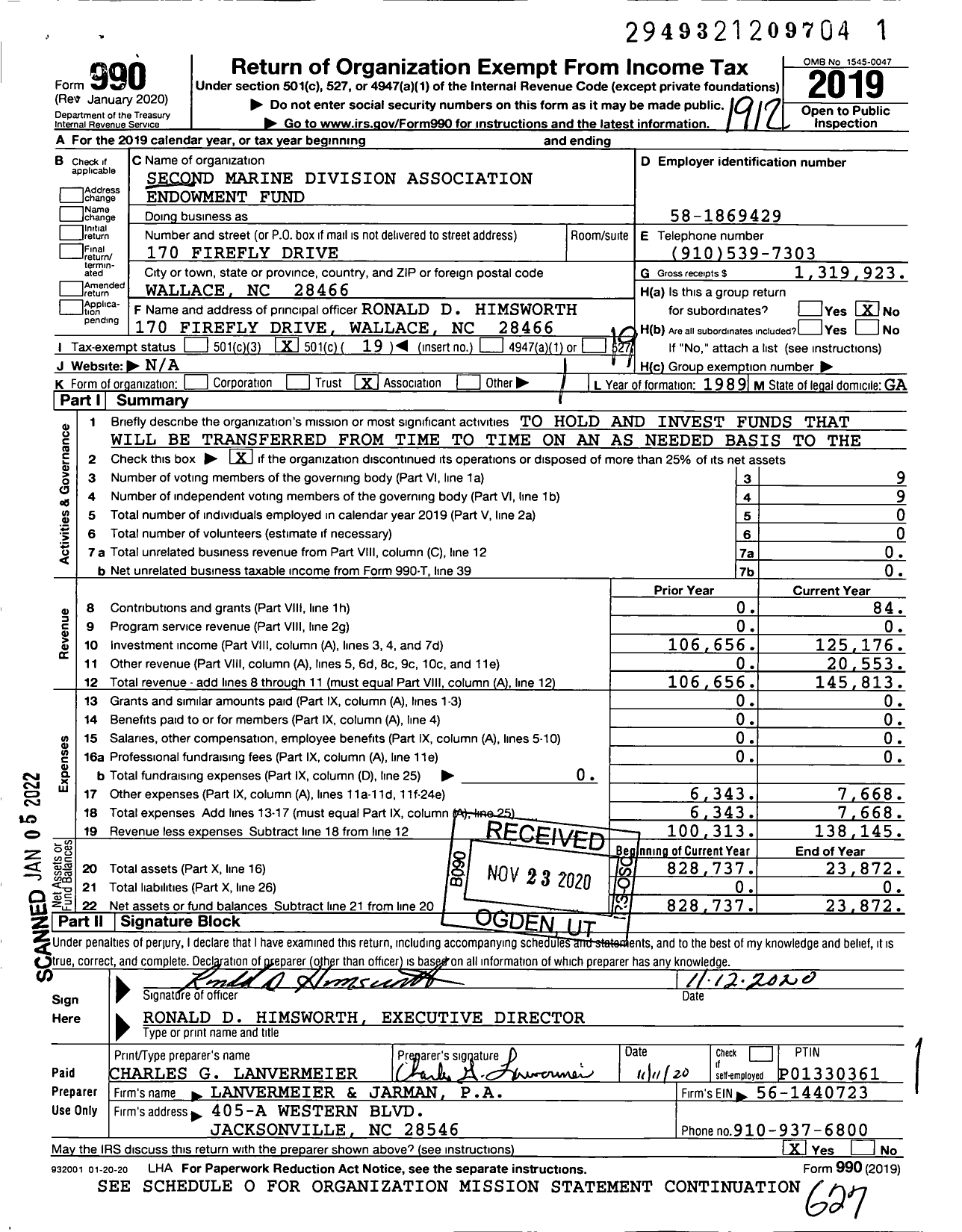 Image of first page of 2019 Form 990O for Second Marine Division Association Endowment Fund