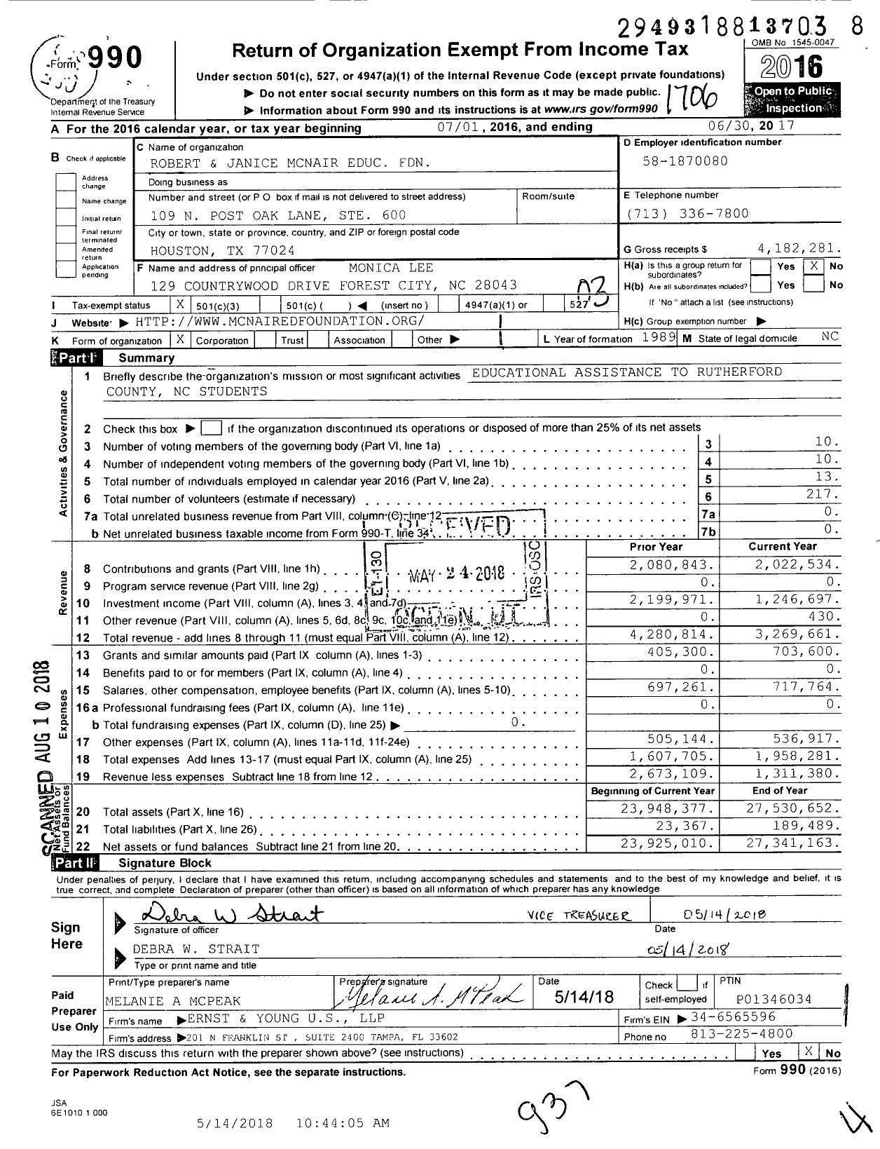 Image of first page of 2016 Form 990 for Robert and Janice Mcnair Educational Foundation