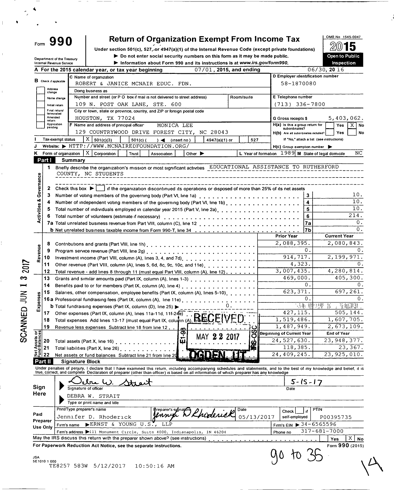 Image of first page of 2015 Form 990 for Robert and Janice Mcnair Educational Foundation