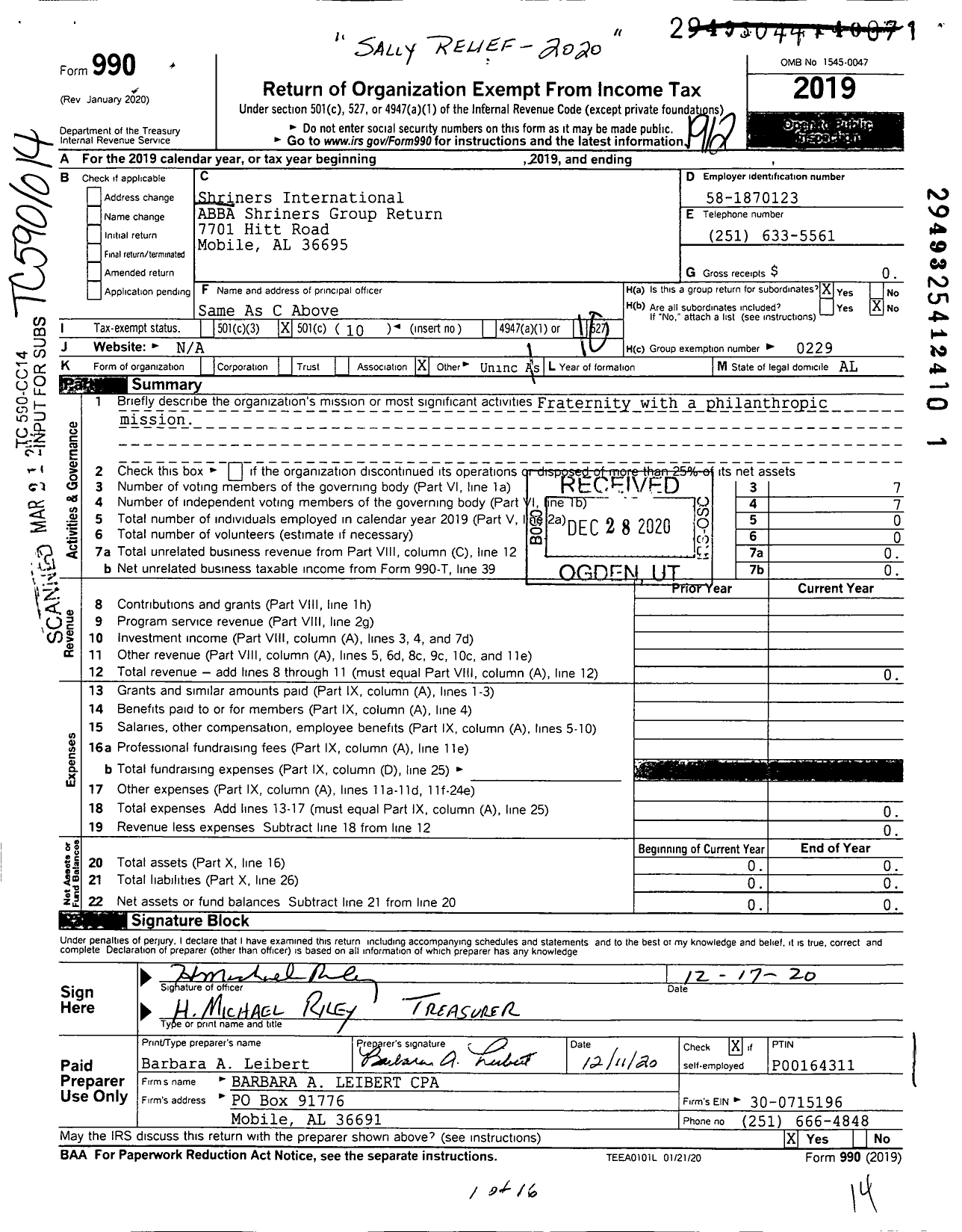 Image of first page of 2019 Form 990O for Shriners International Abba Shriners Group Return