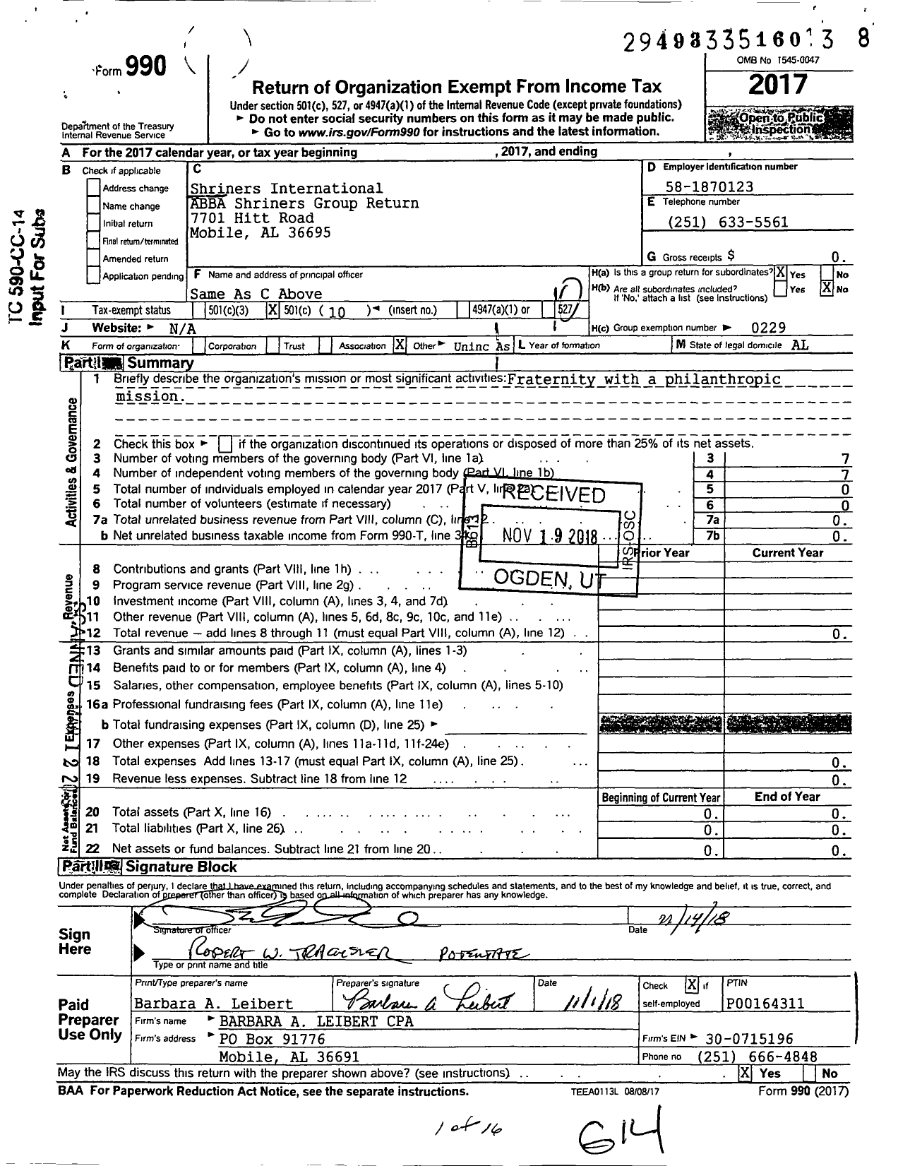 Image of first page of 2017 Form 990O for Shriners International Abba Shriners Group Return