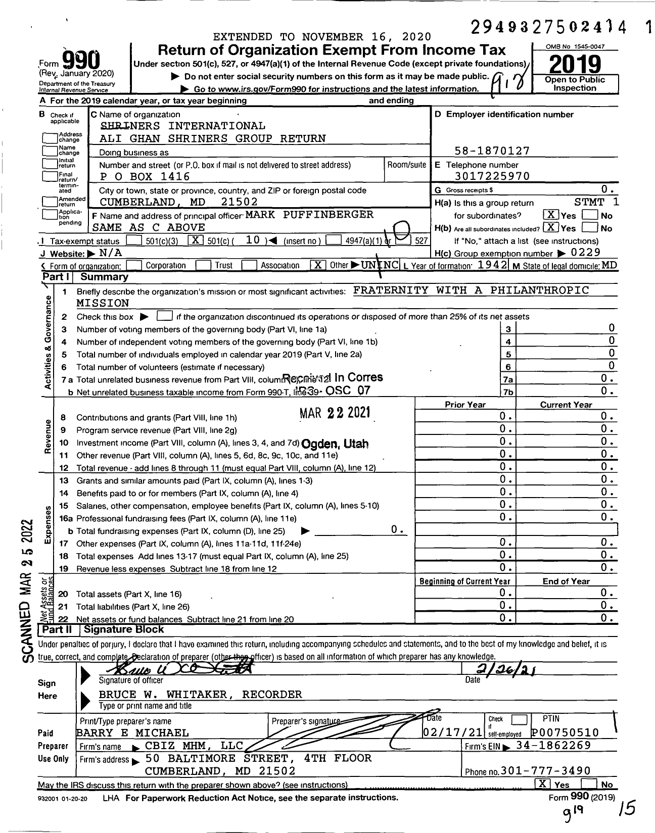 Image of first page of 2019 Form 990O for Shriners International Ali Ghan Shriners Group Return