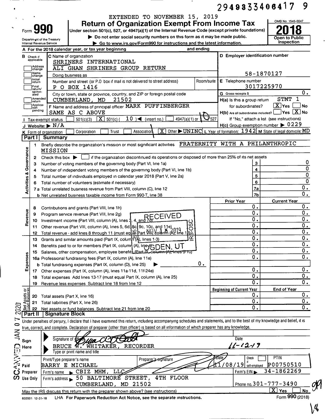 Image of first page of 2018 Form 990O for Shriners International Ali Ghan Shriners Group Return