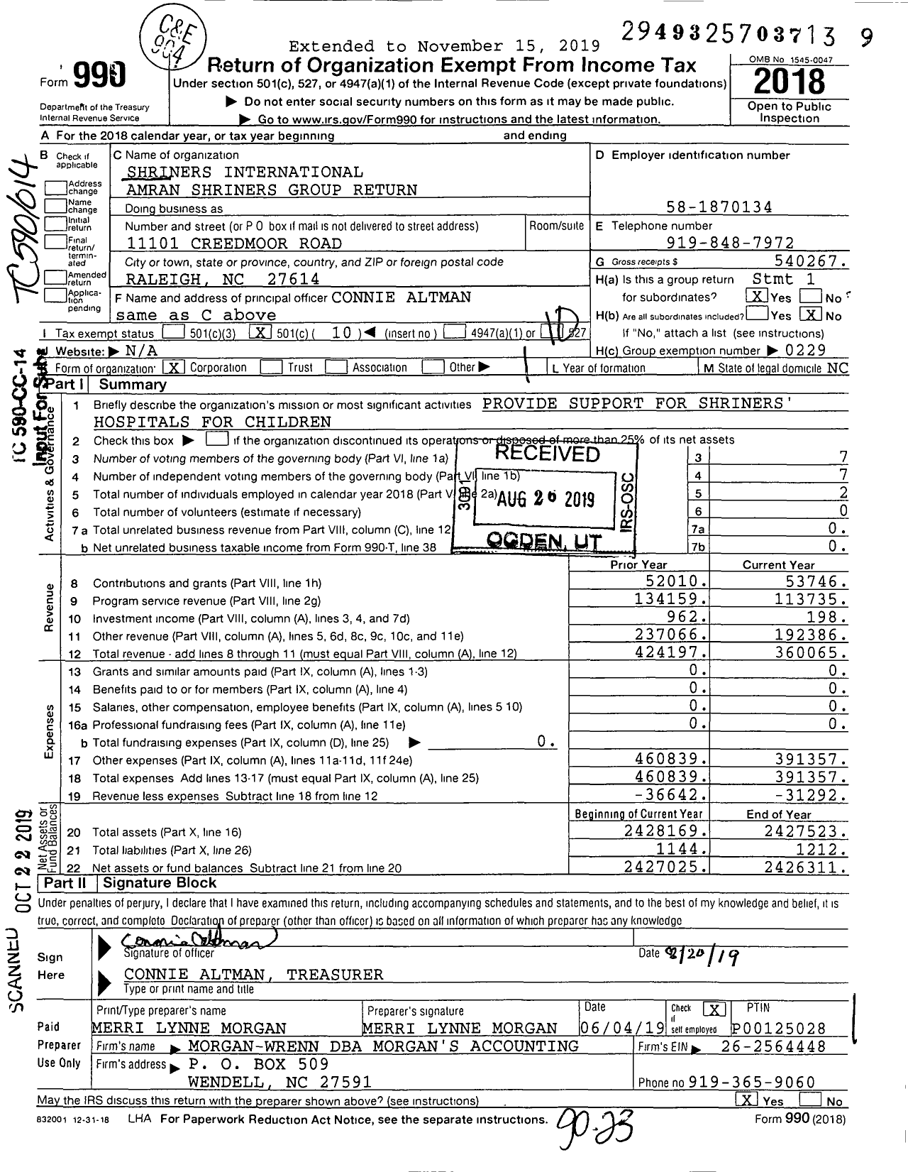 Image of first page of 2018 Form 990O for Shriners International Group Return