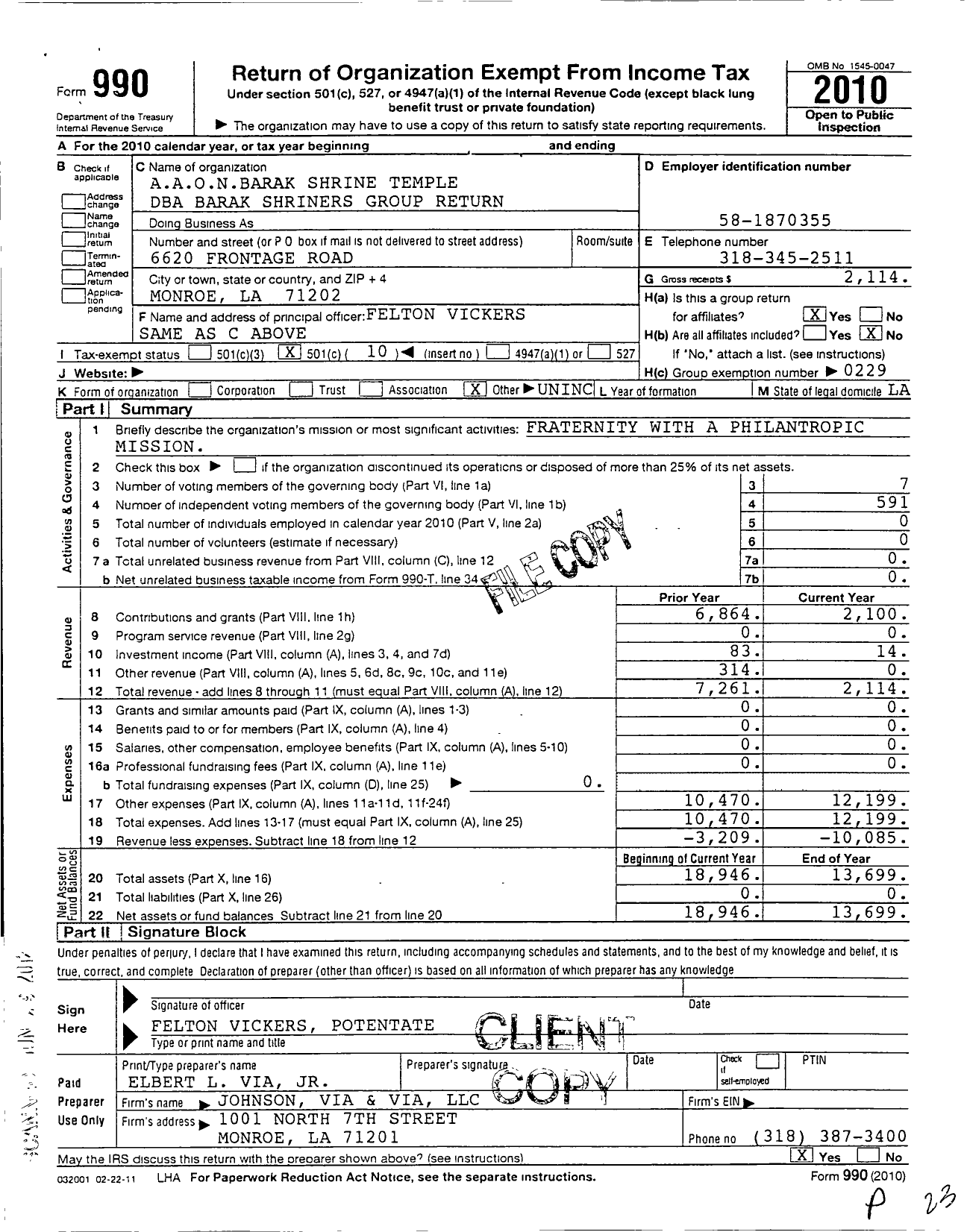 Image of first page of 2010 Form 990O for Shriners International - Barak Shriners Group Return