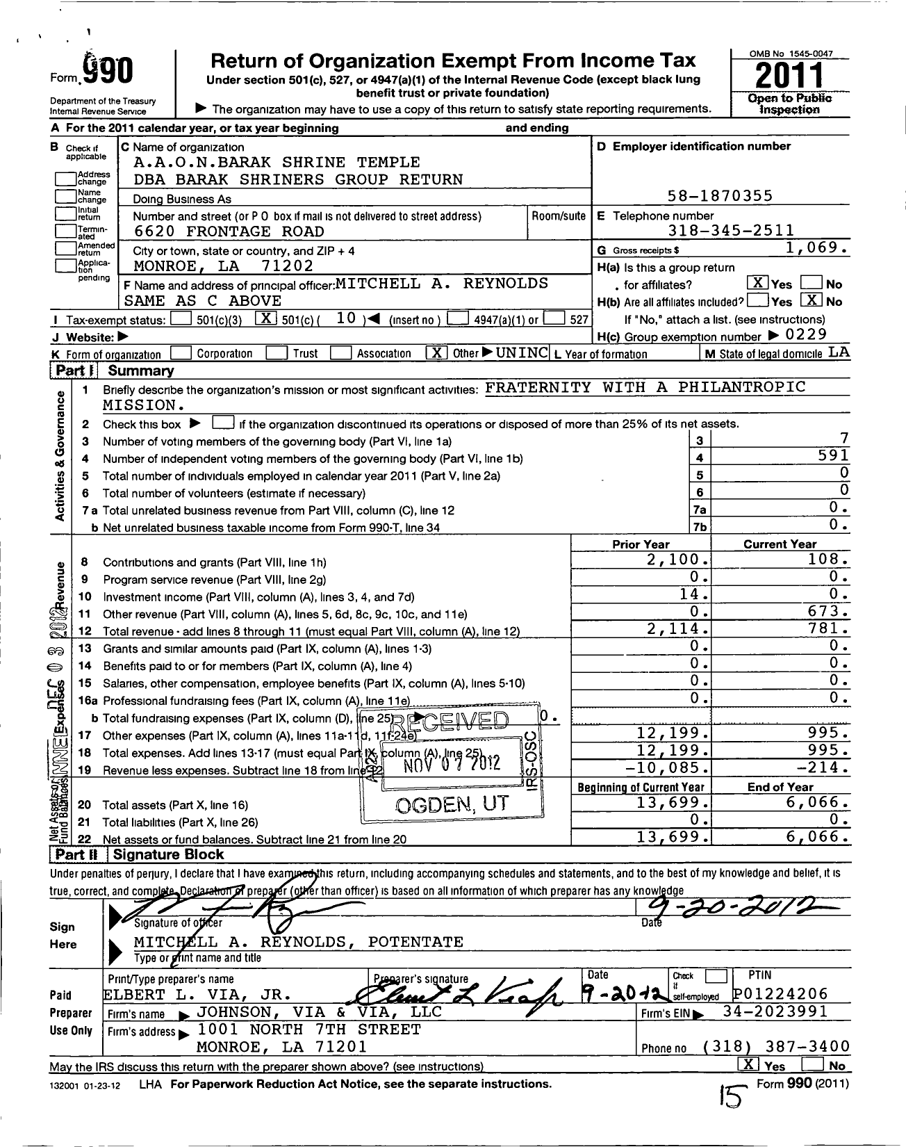 Image of first page of 2011 Form 990O for Shriners International - Barak Shriners Group Return