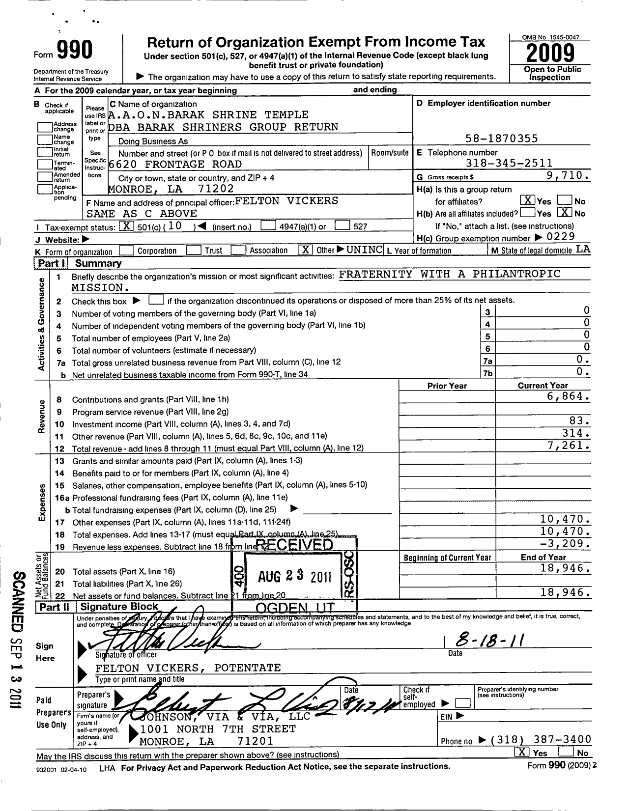 Image of first page of 2009 Form 990O for Shriners International - Barak Shriners Group Return