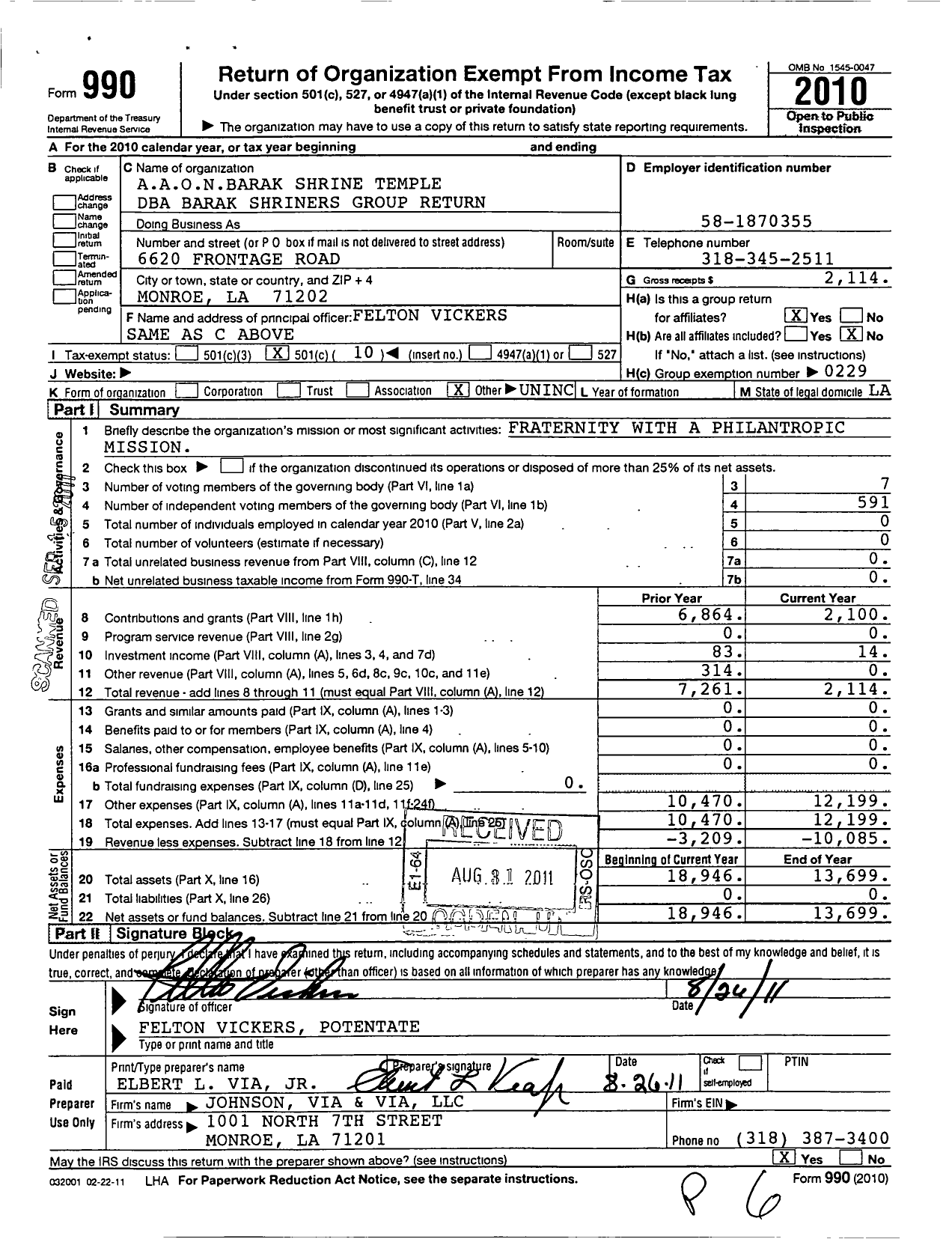 Image of first page of 2010 Form 990O for Shriners International - Barak Shriners Group Return