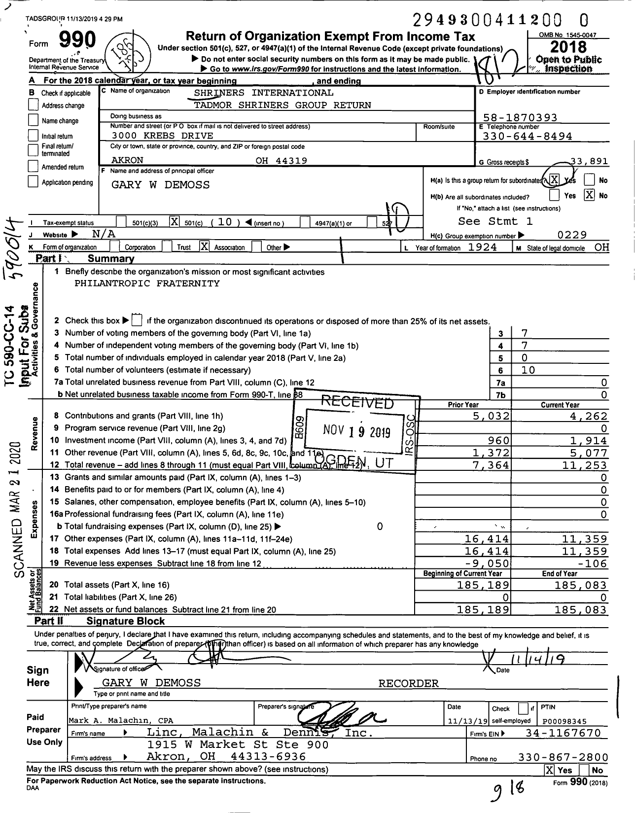 Image of first page of 2018 Form 990O for Shriners International - A A O N M S Tadmor Temple Group Return