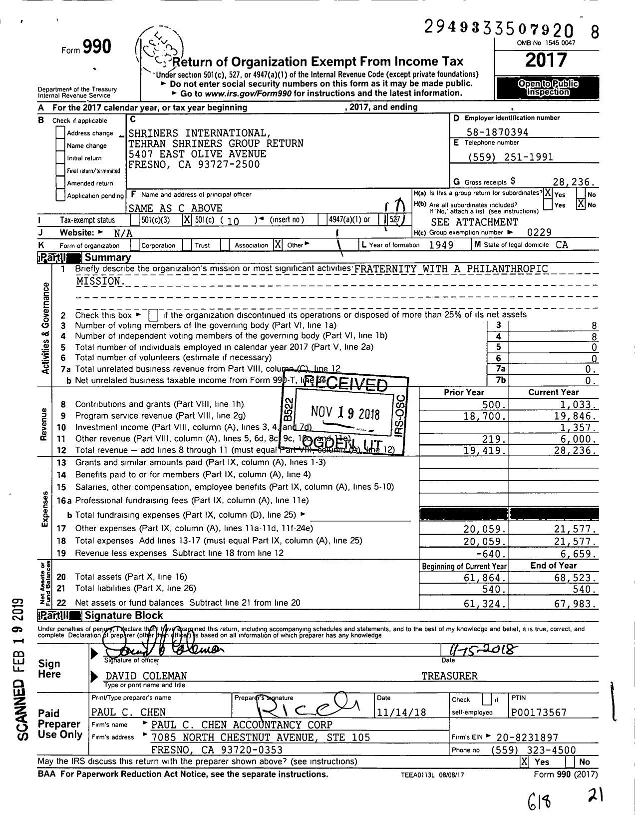 Image of first page of 2017 Form 990O for Shriners International - Group Return Tehran Temple