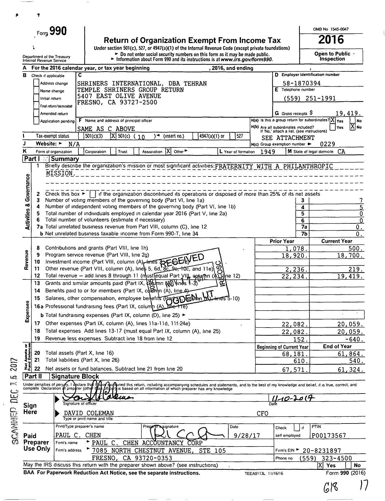 Image of first page of 2016 Form 990O for Shriners International - Group Return Tehran Temple