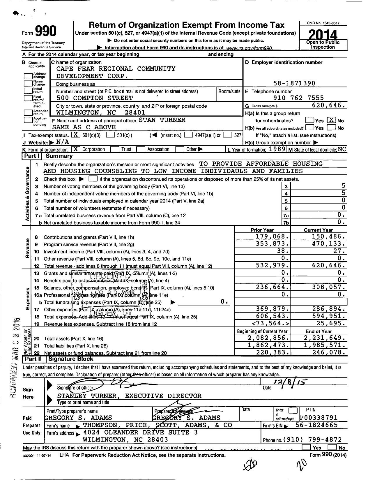 Image of first page of 2014 Form 990 for Cape Fear Regional Community Development Corporation