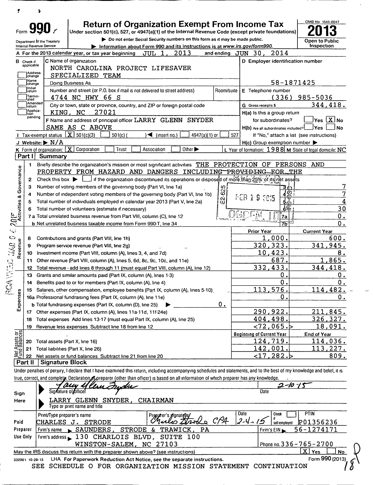 Image of first page of 2013 Form 990 for North Carolina Project Lifesaver