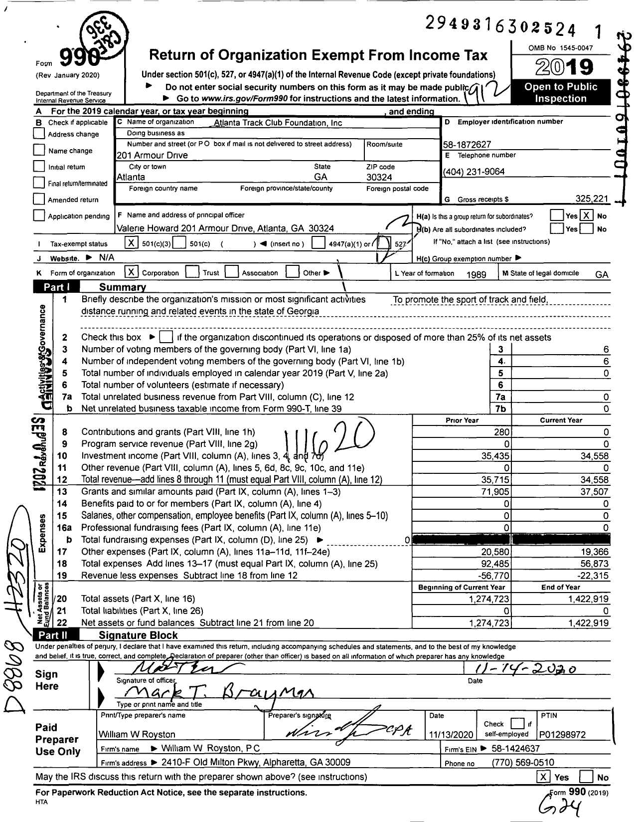 Image of first page of 2019 Form 990 for Atlanta Youth Running Foundation