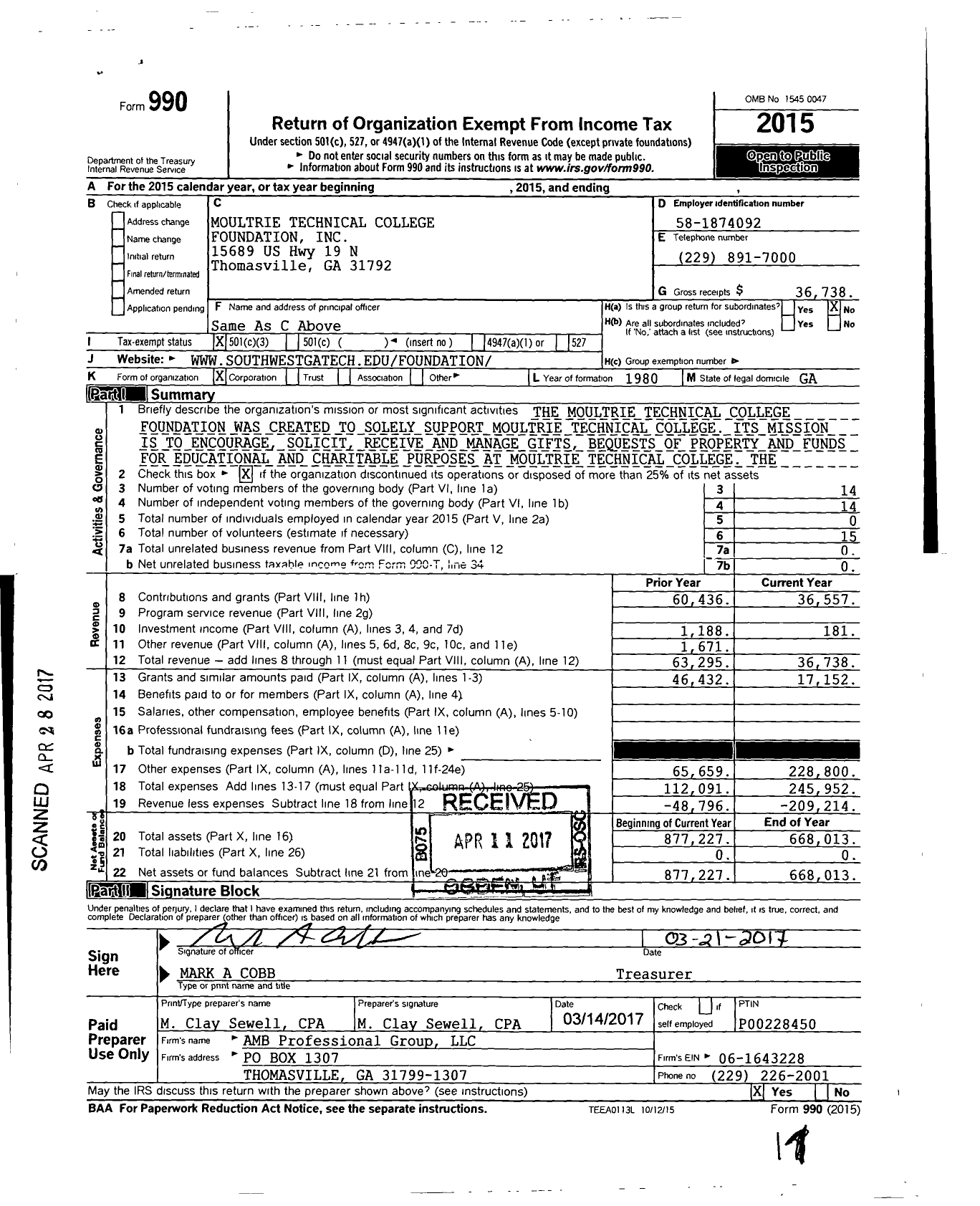 Image of first page of 2015 Form 990 for Moultrie Technical College Foundation