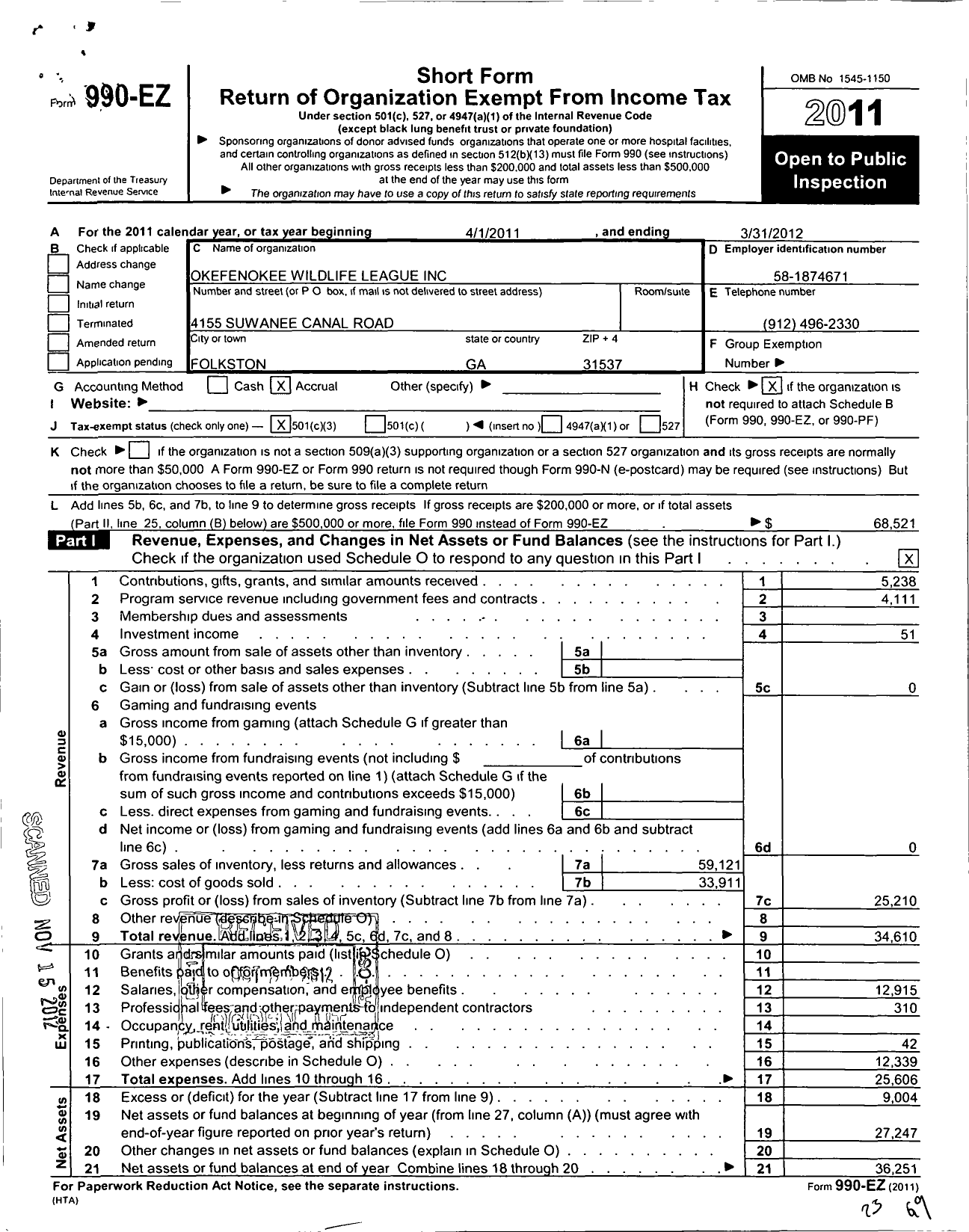 Image of first page of 2011 Form 990EZ for Okefenokee Wildlife League