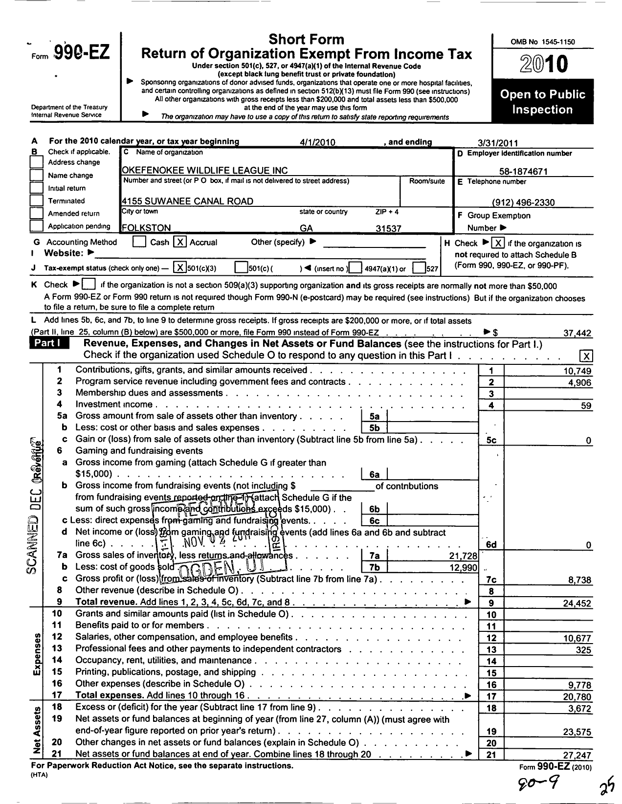 Image of first page of 2010 Form 990EZ for Okefenokee Wildlife League