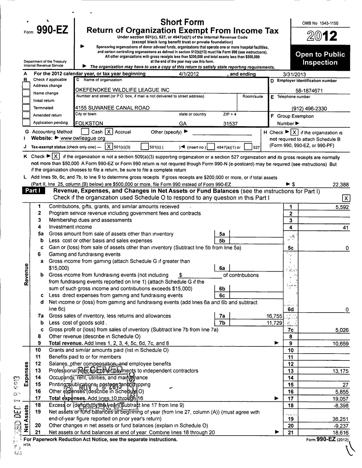 Image of first page of 2012 Form 990EZ for Okefenokee Wildlife League