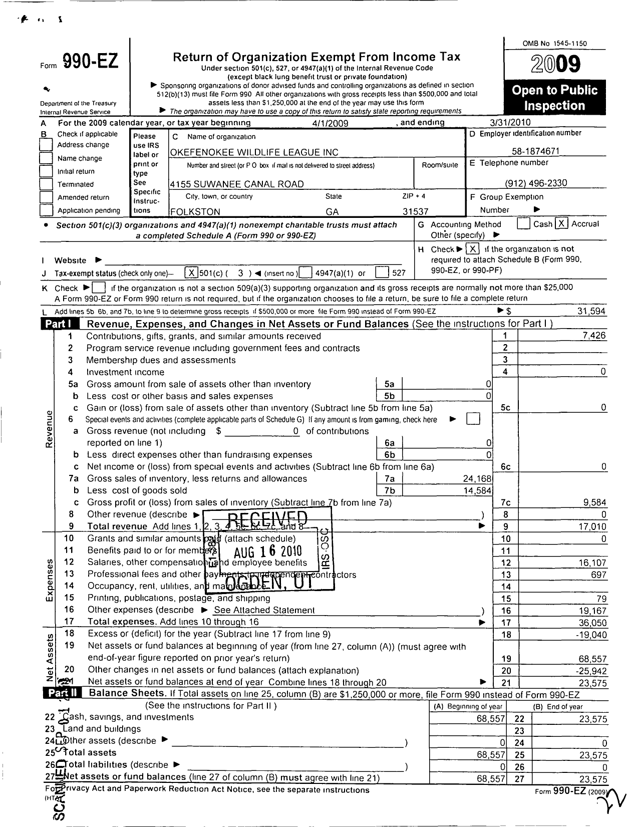 Image of first page of 2009 Form 990EZ for Okefenokee Wildlife League