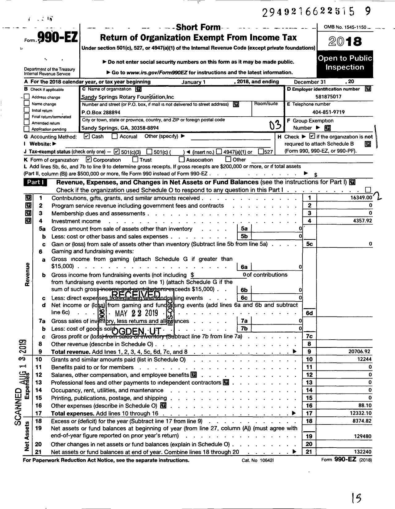 Image of first page of 2018 Form 990EZ for Sandy Springs Rotary Foundation