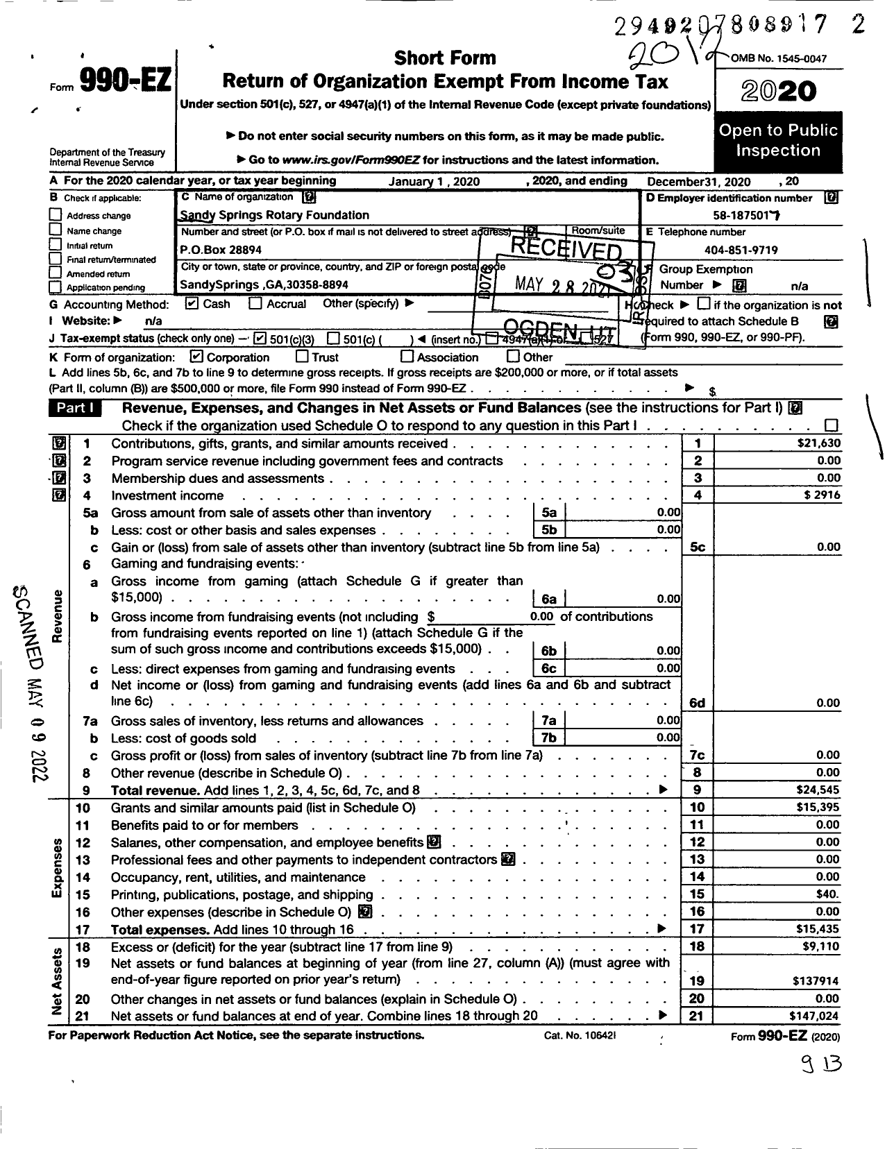 Image of first page of 2020 Form 990EZ for Sandy Springs Rotary Foundation