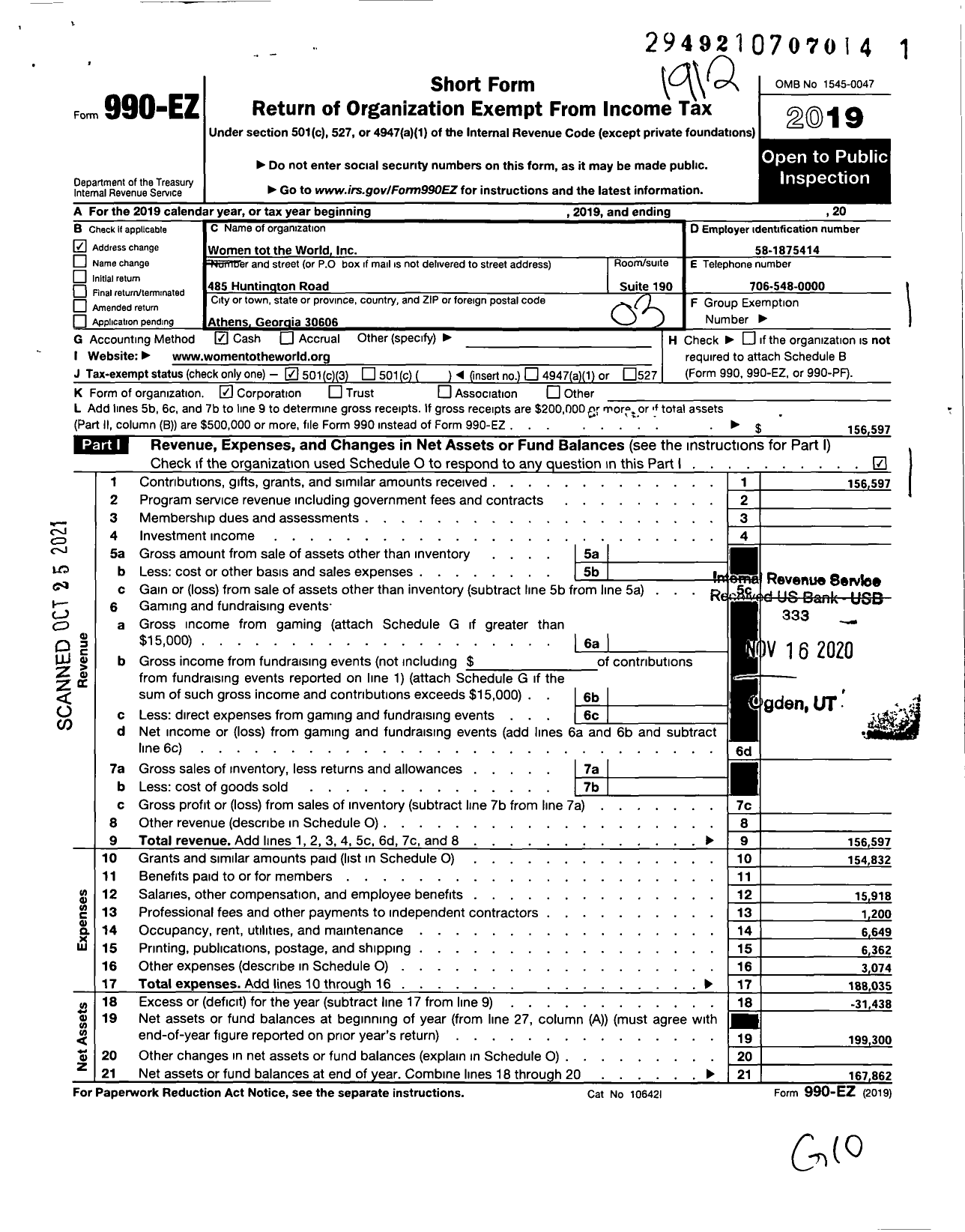 Image of first page of 2019 Form 990EZ for Women to the World Inc Women to the World