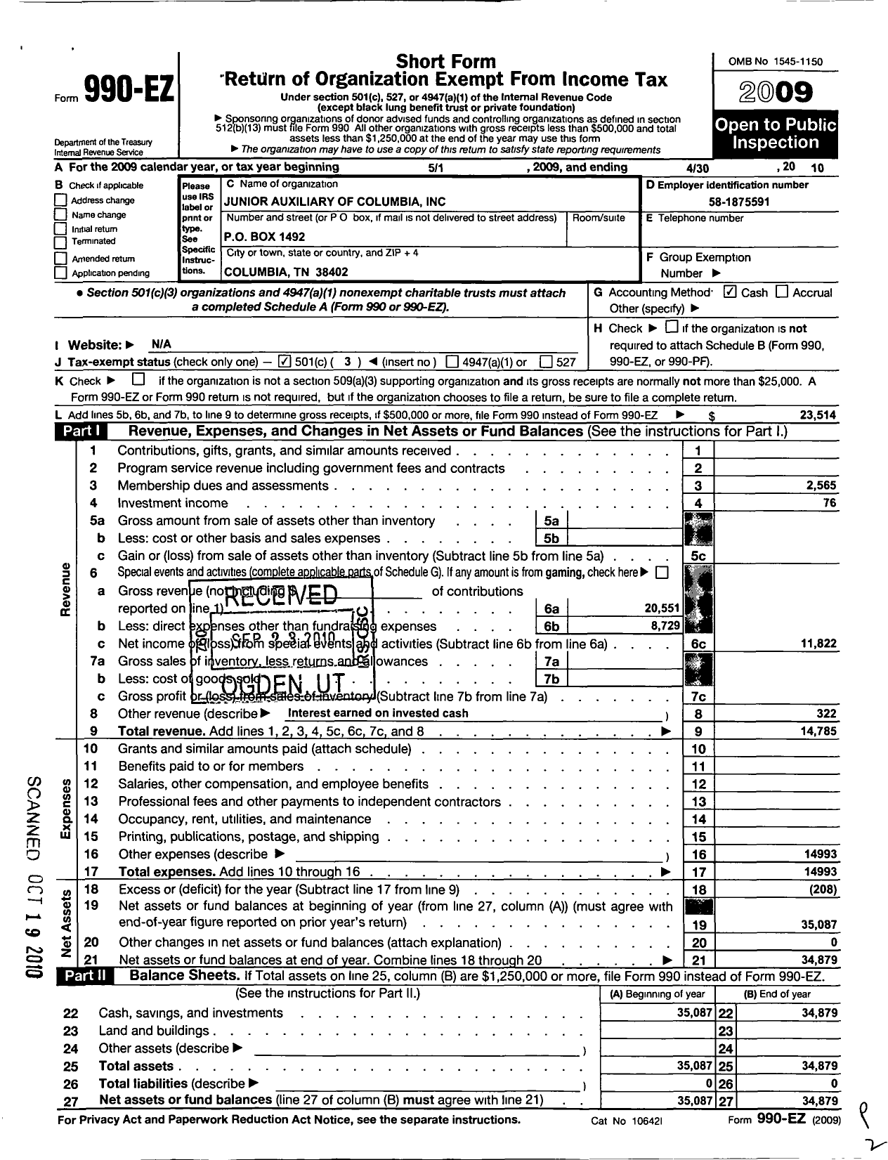 Image of first page of 2009 Form 990EZ for The Junior Auxiliary of Columbia Tennessee