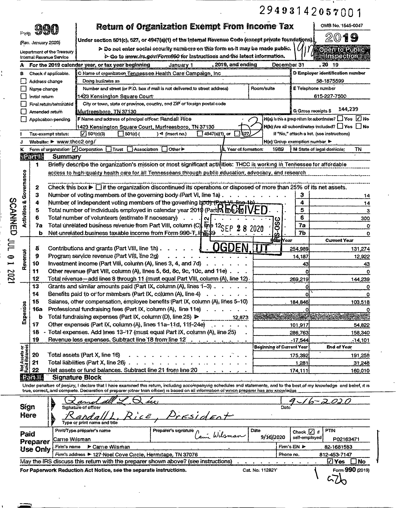 Image of first page of 2019 Form 990 for Tennessee Health Care Campaign