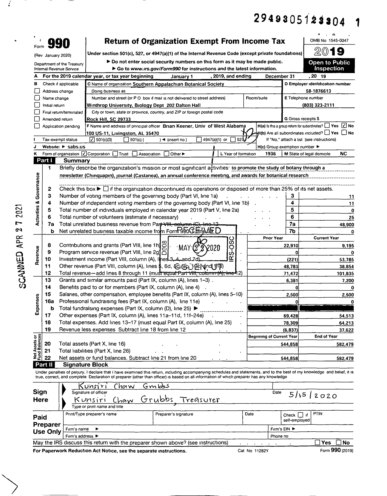 Image of first page of 2019 Form 990 for Southern Appalachian Botanical Society