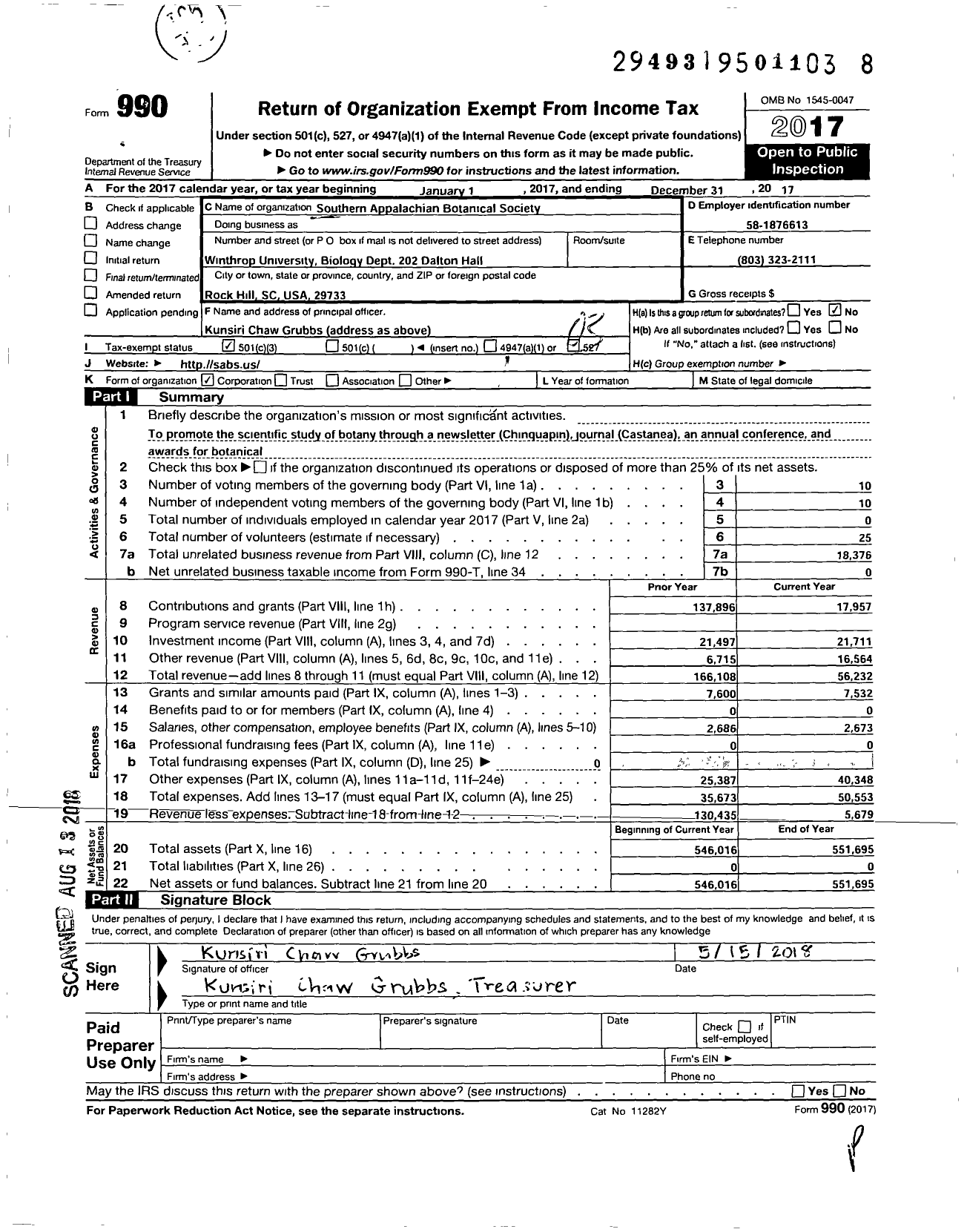 Image of first page of 2017 Form 990 for Southern Appalachian Botanical Society